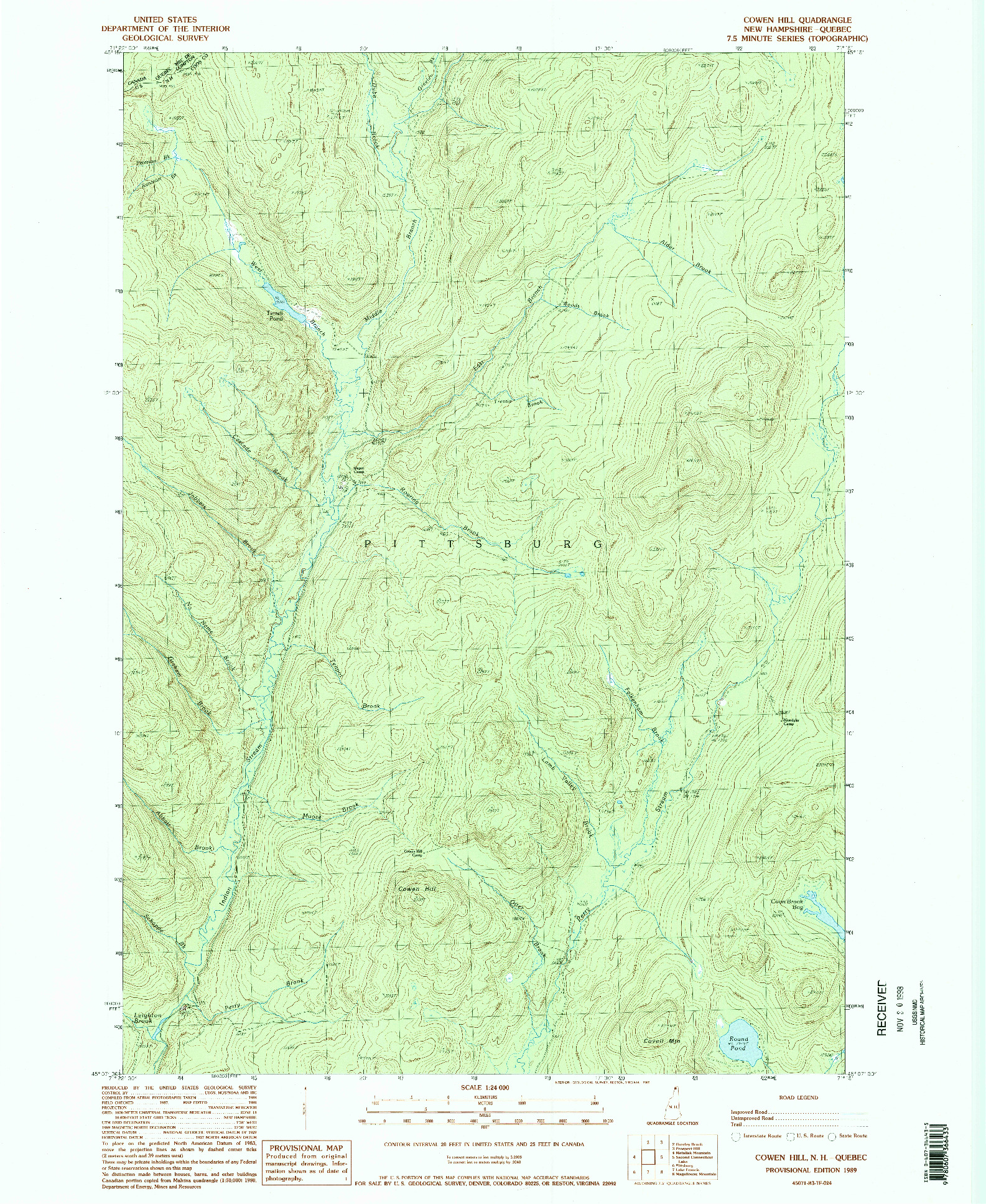 USGS 1:24000-SCALE QUADRANGLE FOR COWEN HILL, NH 1989