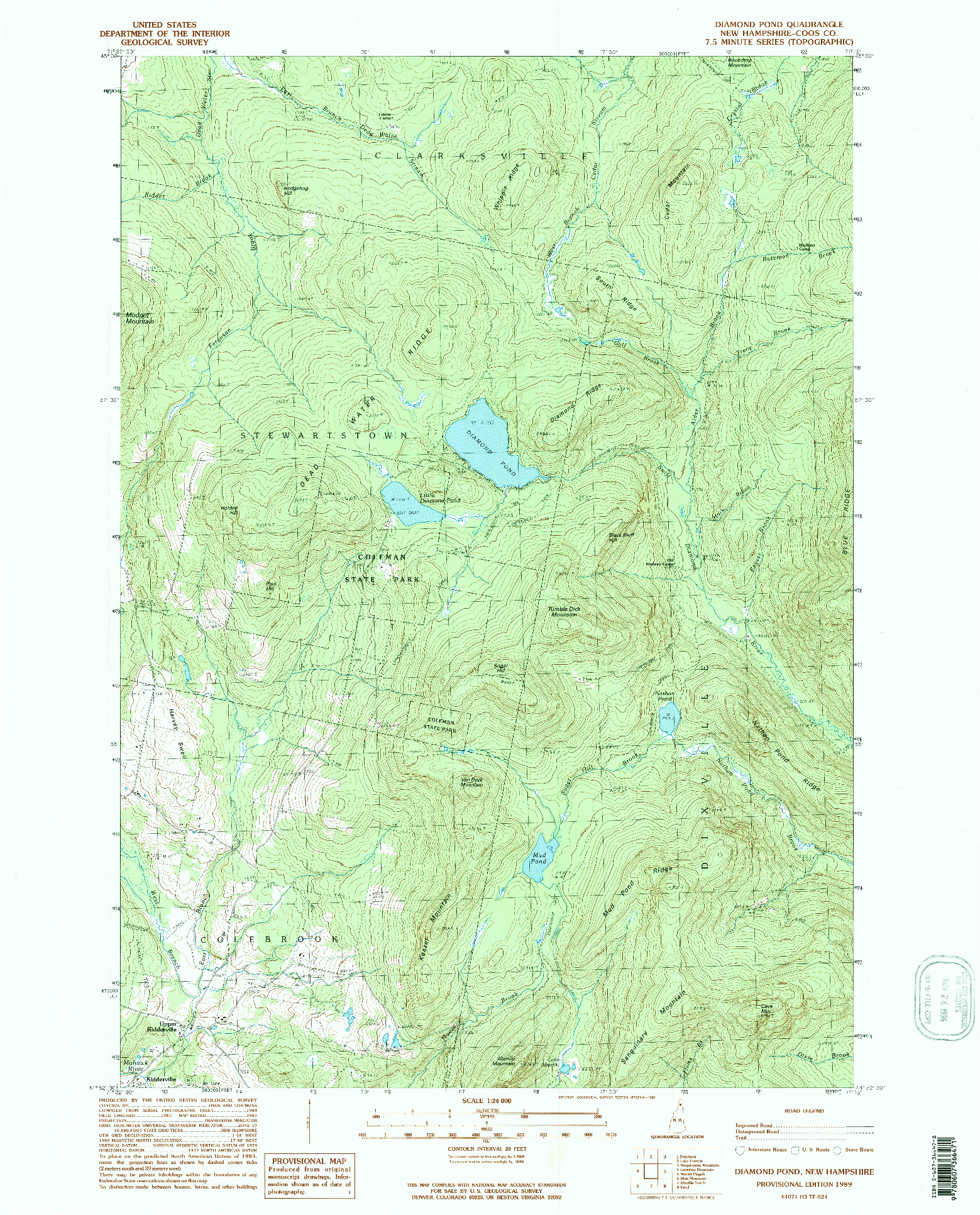 USGS 1:24000-SCALE QUADRANGLE FOR DIAMOND POND, NH 1989