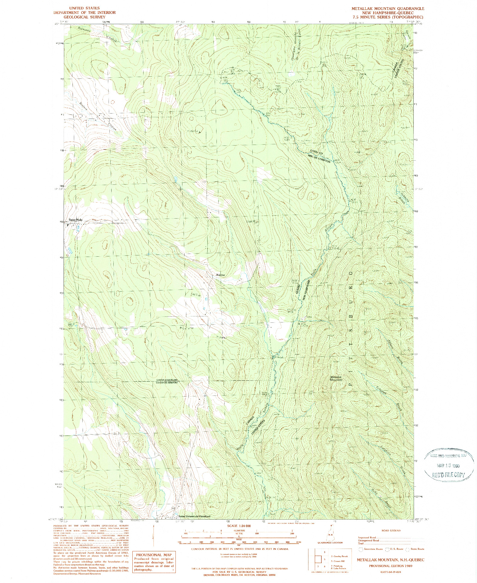 USGS 1:24000-SCALE QUADRANGLE FOR METALLAK MOUNTAIN, NH 1989