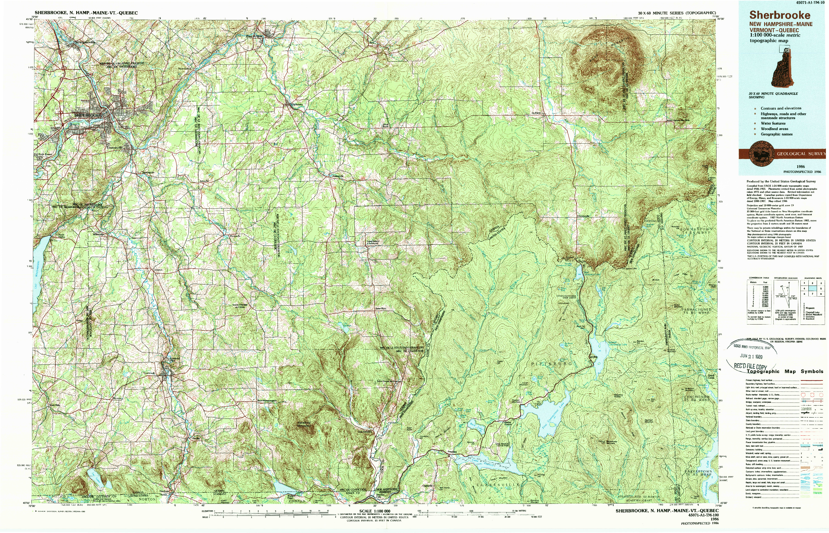 USGS 1:100000-SCALE QUADRANGLE FOR SHERBROOKE, NH 1986