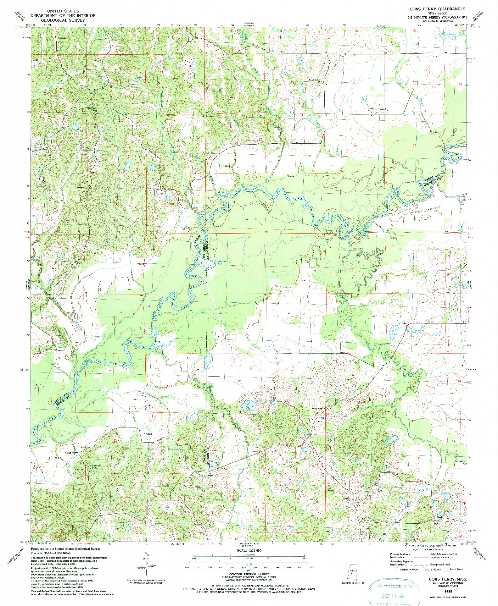 USGS 1:24000-SCALE QUADRANGLE FOR COXS FERRY, MS 1988