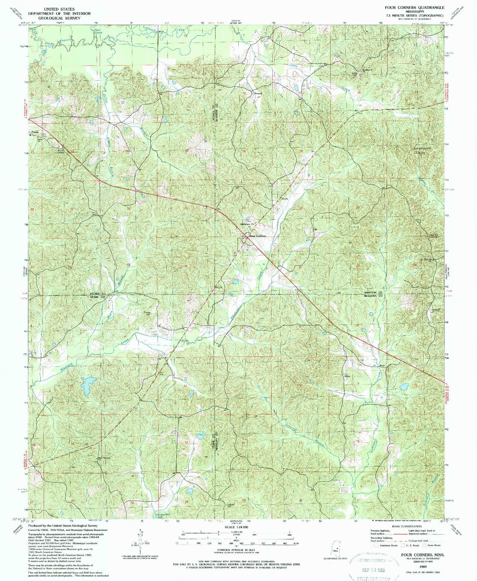 USGS 1:24000-SCALE QUADRANGLE FOR FOUR CORNERS, MS 1989