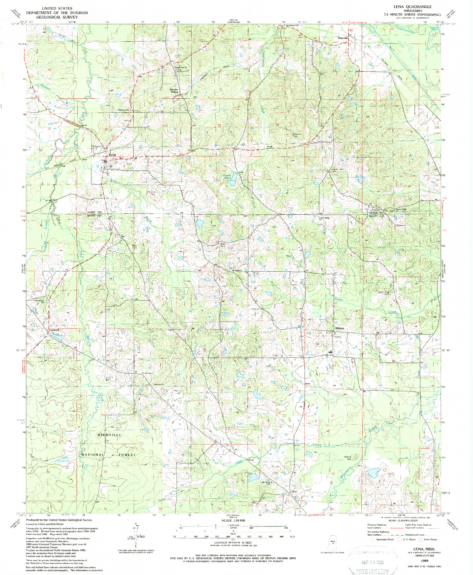 USGS 1:24000-SCALE QUADRANGLE FOR LENA, MS 1989