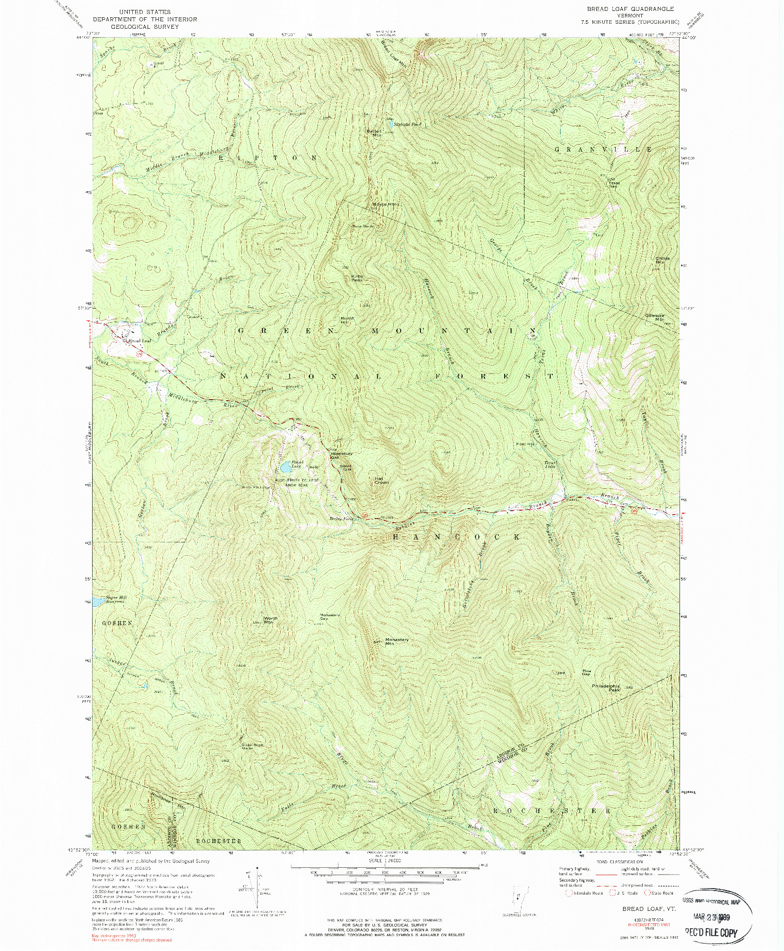 USGS 1:24000-SCALE QUADRANGLE FOR BREAD LOAF, VT 1970