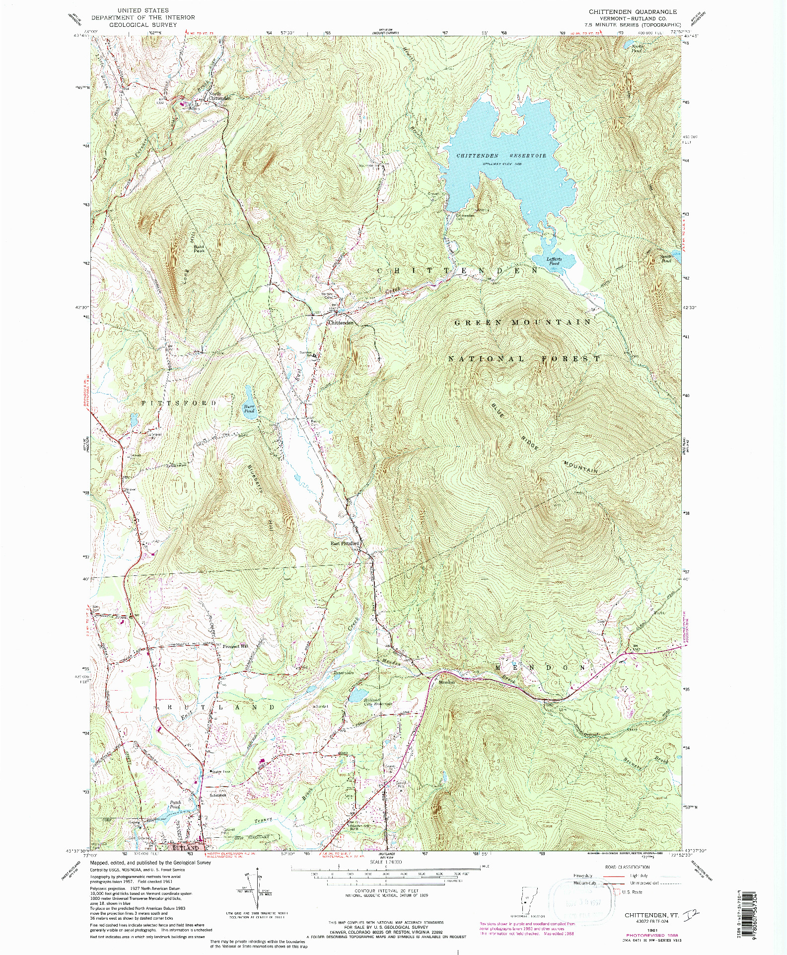 USGS 1:24000-SCALE QUADRANGLE FOR CHITTENDEN, VT 1961