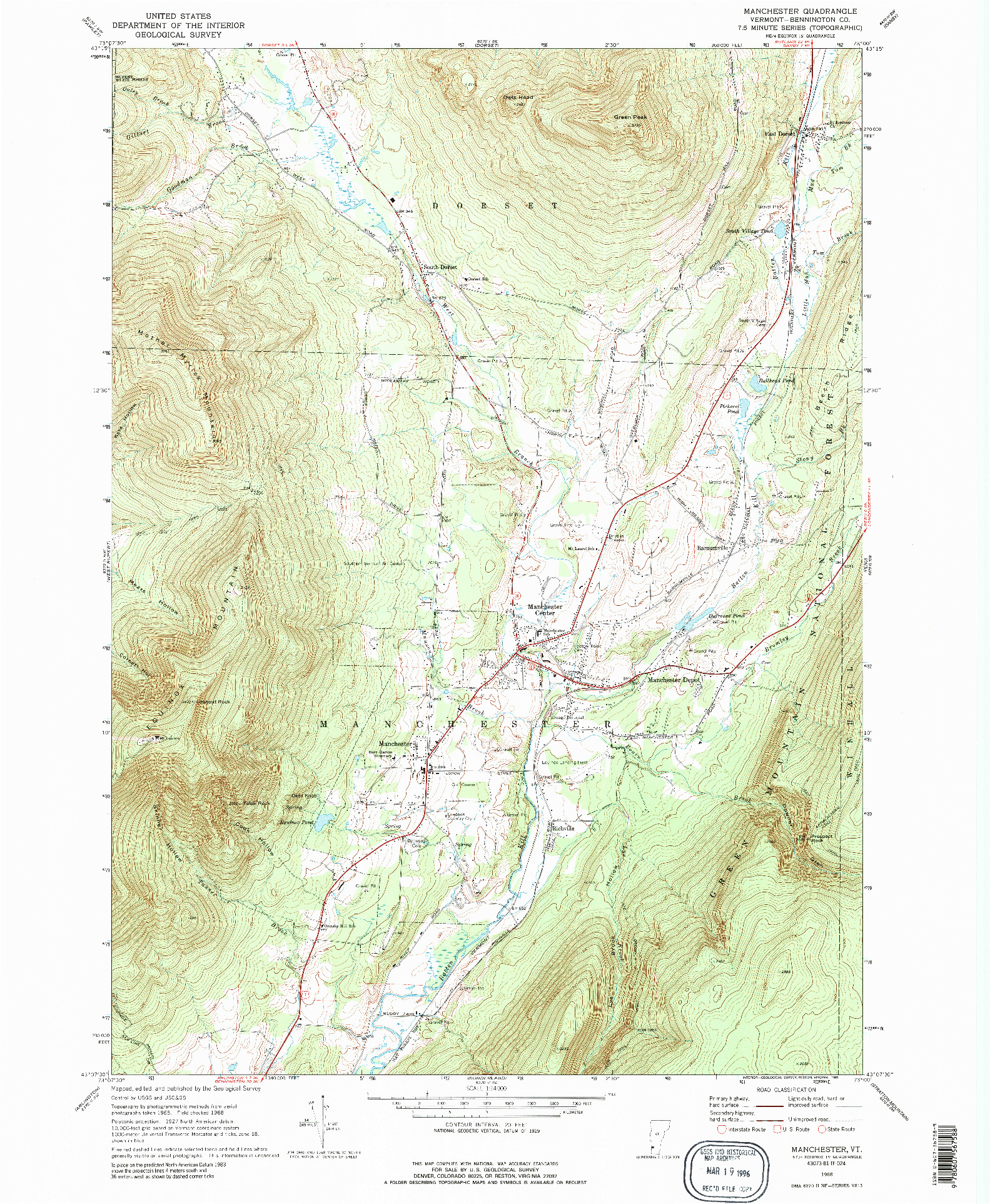 USGS 1:24000-SCALE QUADRANGLE FOR MANCHESTER, VT 1968