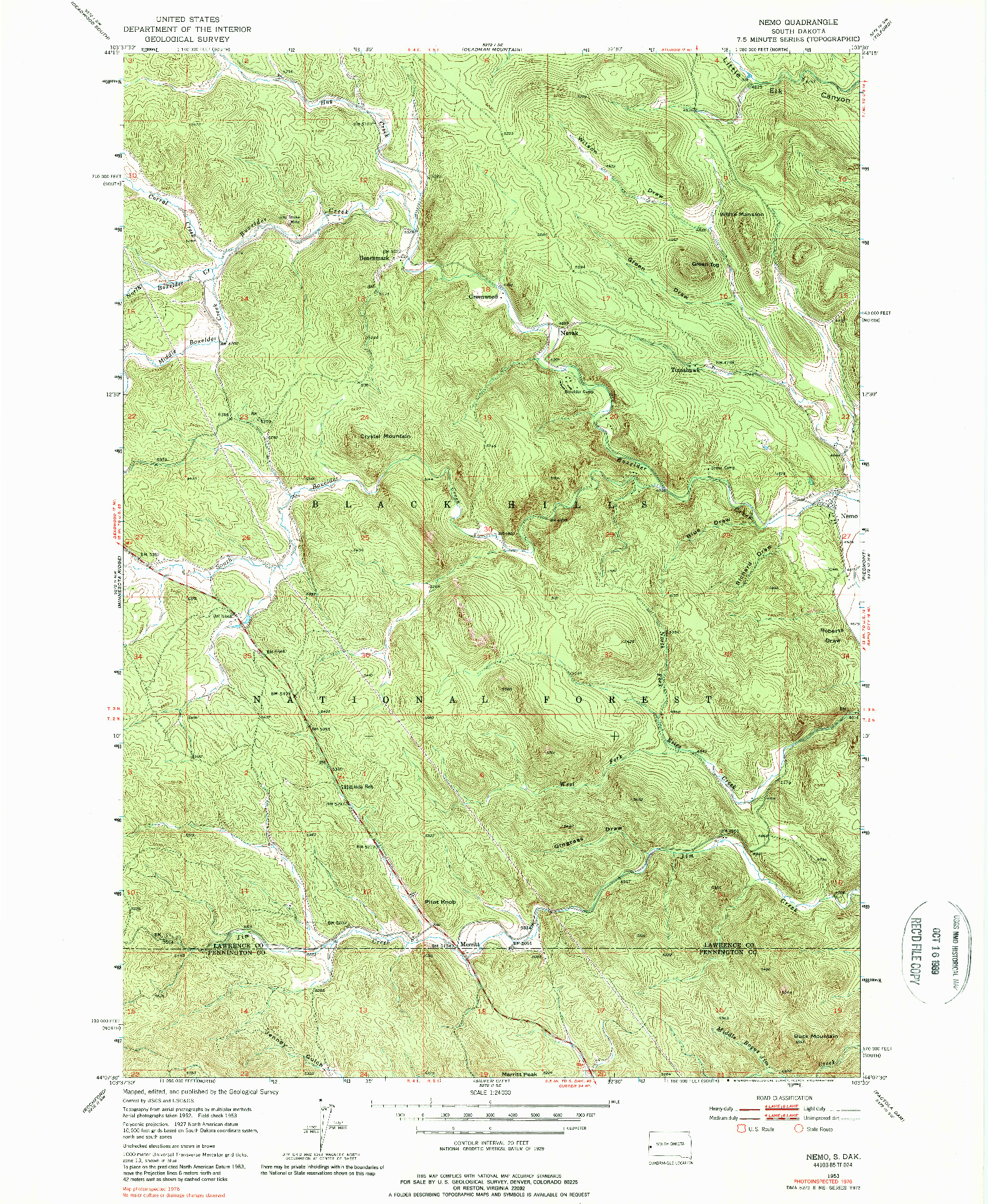 USGS 1:24000-SCALE QUADRANGLE FOR NEMO, SD 1953