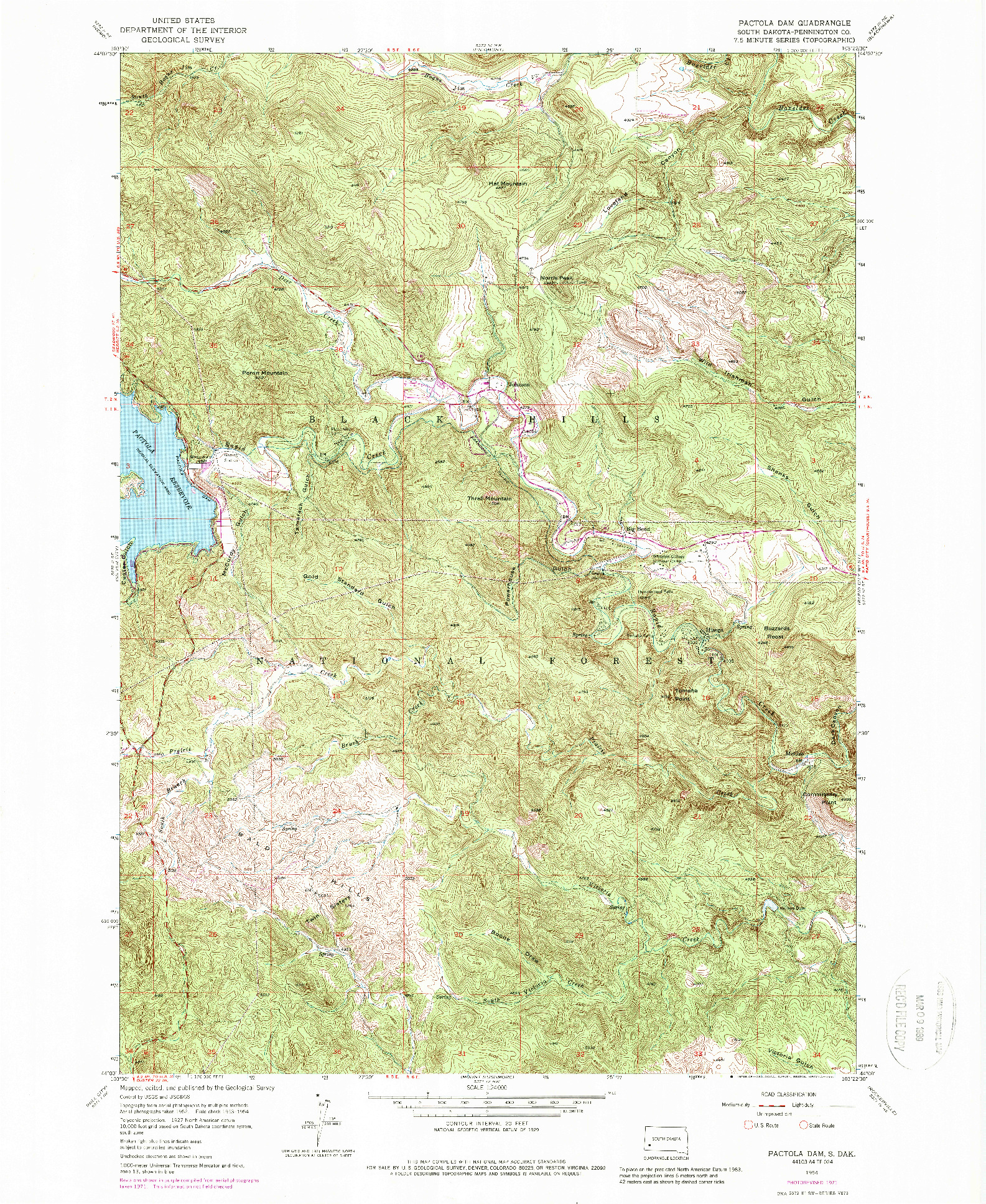 USGS 1:24000-SCALE QUADRANGLE FOR PACTOLA DAM, SD 1954