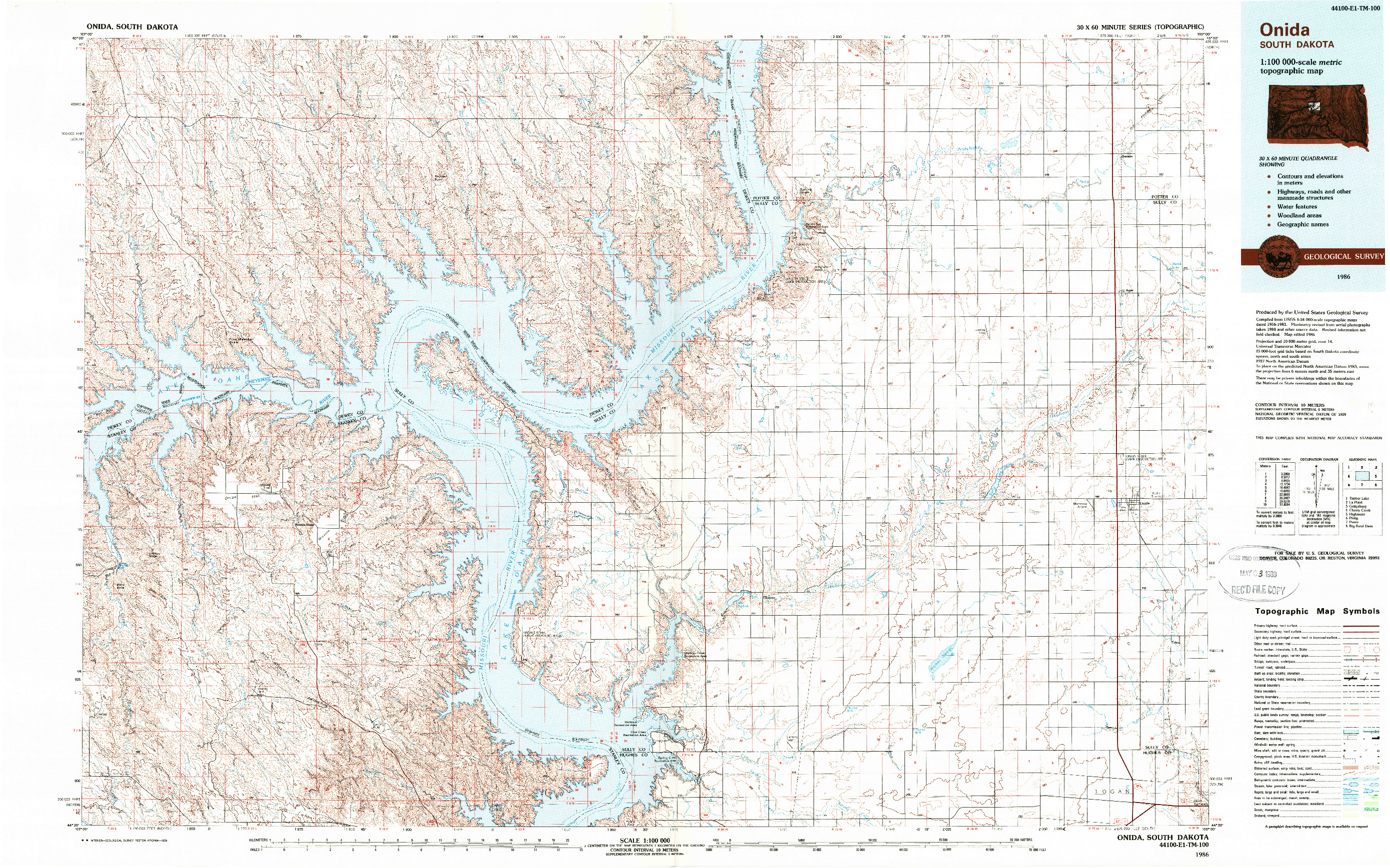 USGS 1:100000-SCALE QUADRANGLE FOR ONIDA, SD 1986