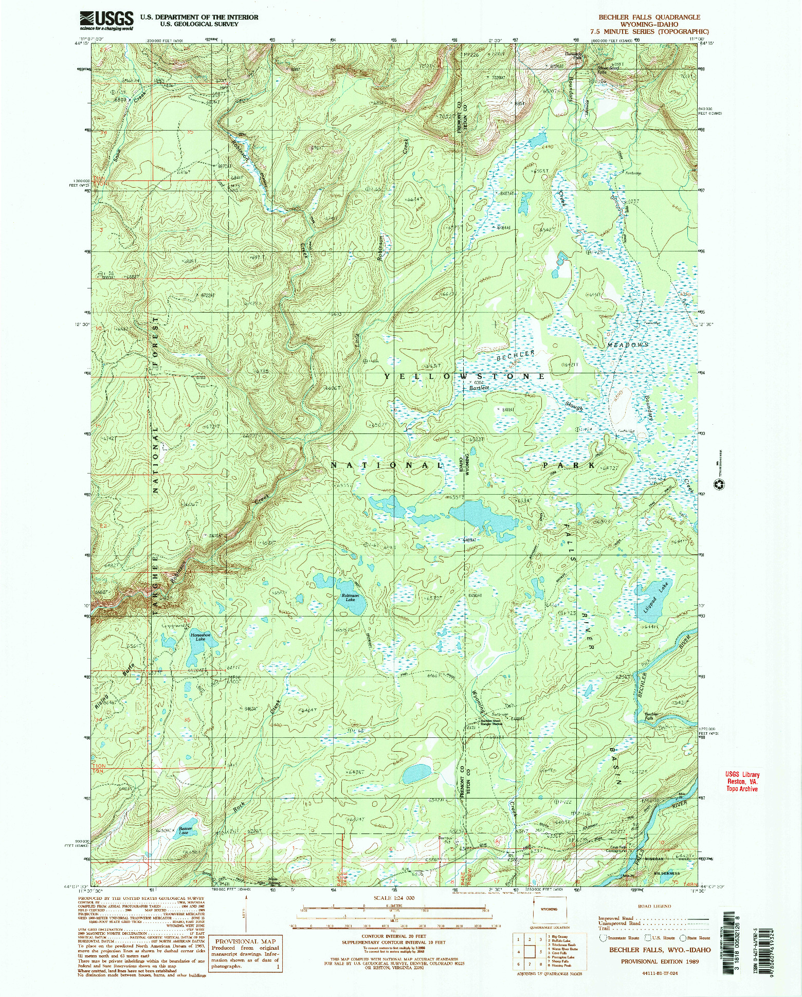 USGS 1:24000-SCALE QUADRANGLE FOR BECHLER FALLS, WY 1989