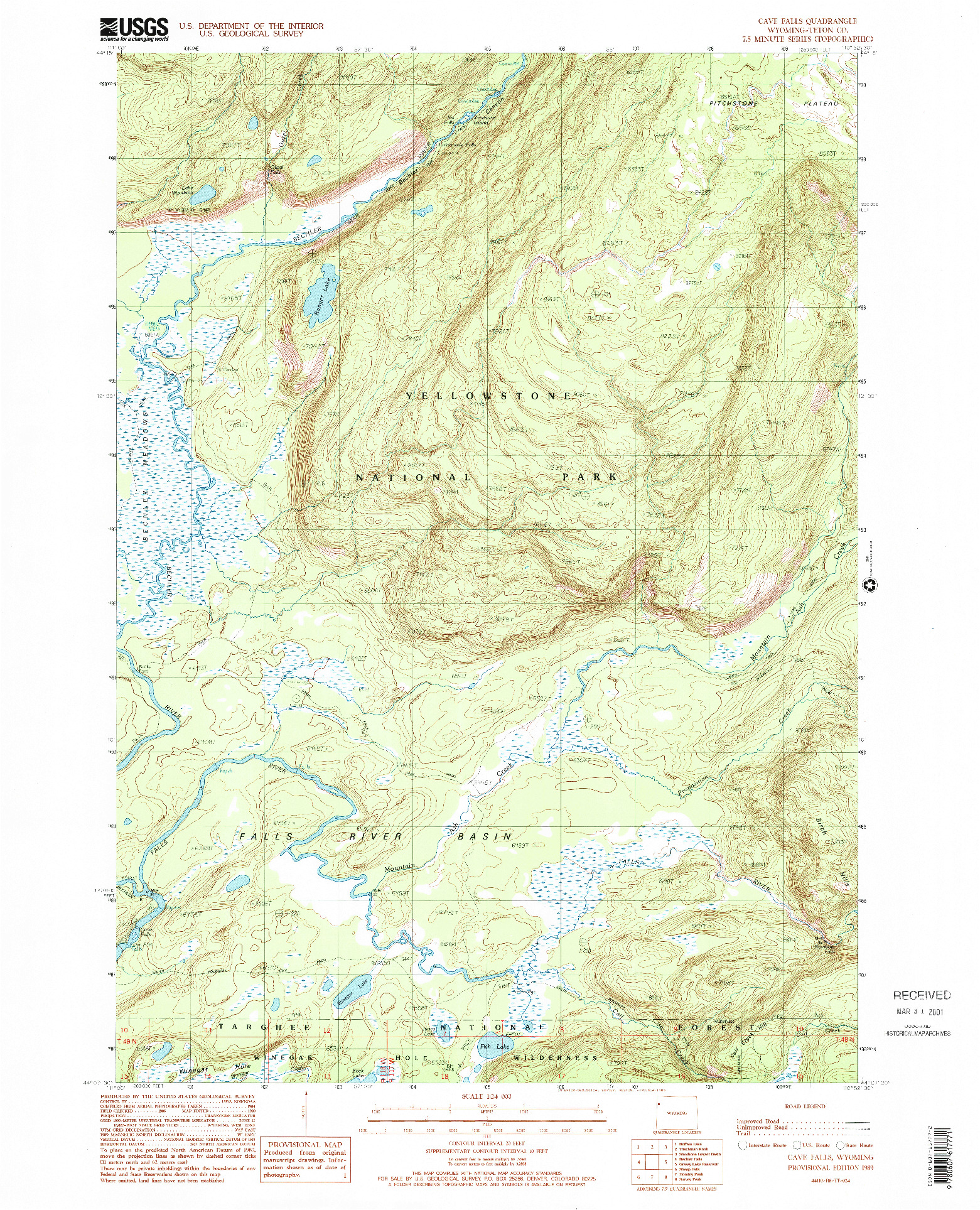 USGS 1:24000-SCALE QUADRANGLE FOR CAVE FALLS, WY 1989