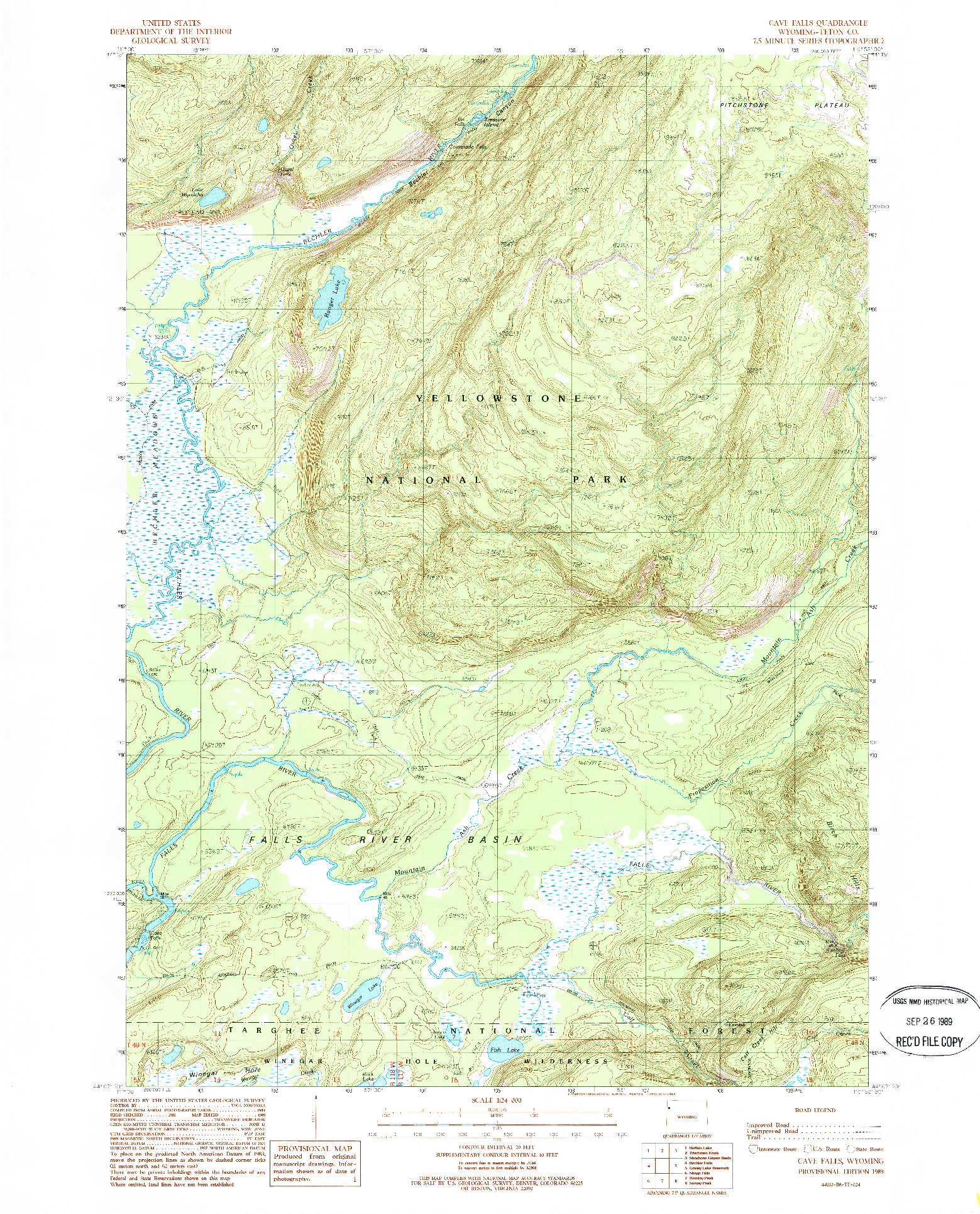 USGS 1:24000-SCALE QUADRANGLE FOR CAVE FALLS, WY 1989