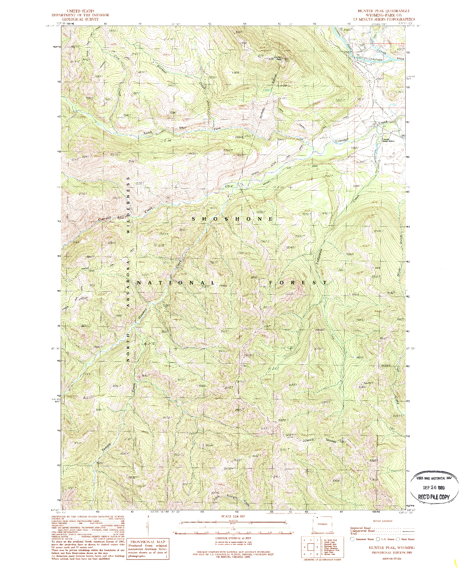 USGS 1:24000-SCALE QUADRANGLE FOR HUNTER PEAK, WY 1989