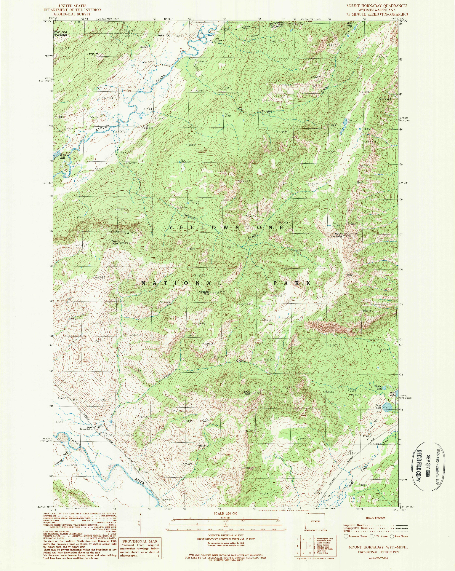 USGS 1:24000-SCALE QUADRANGLE FOR MOUNT HORNADAY, WY 1989