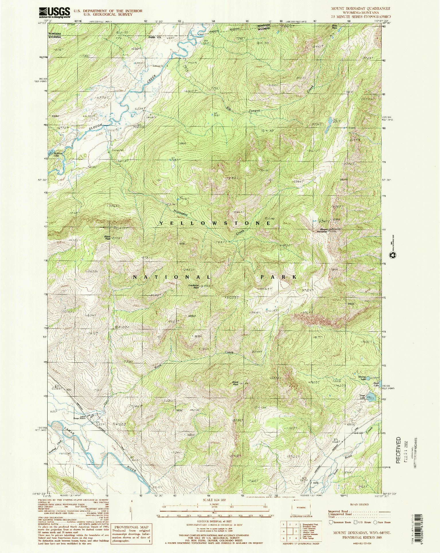 USGS 1:24000-SCALE QUADRANGLE FOR MOUNT HORNADAY, WY 1989