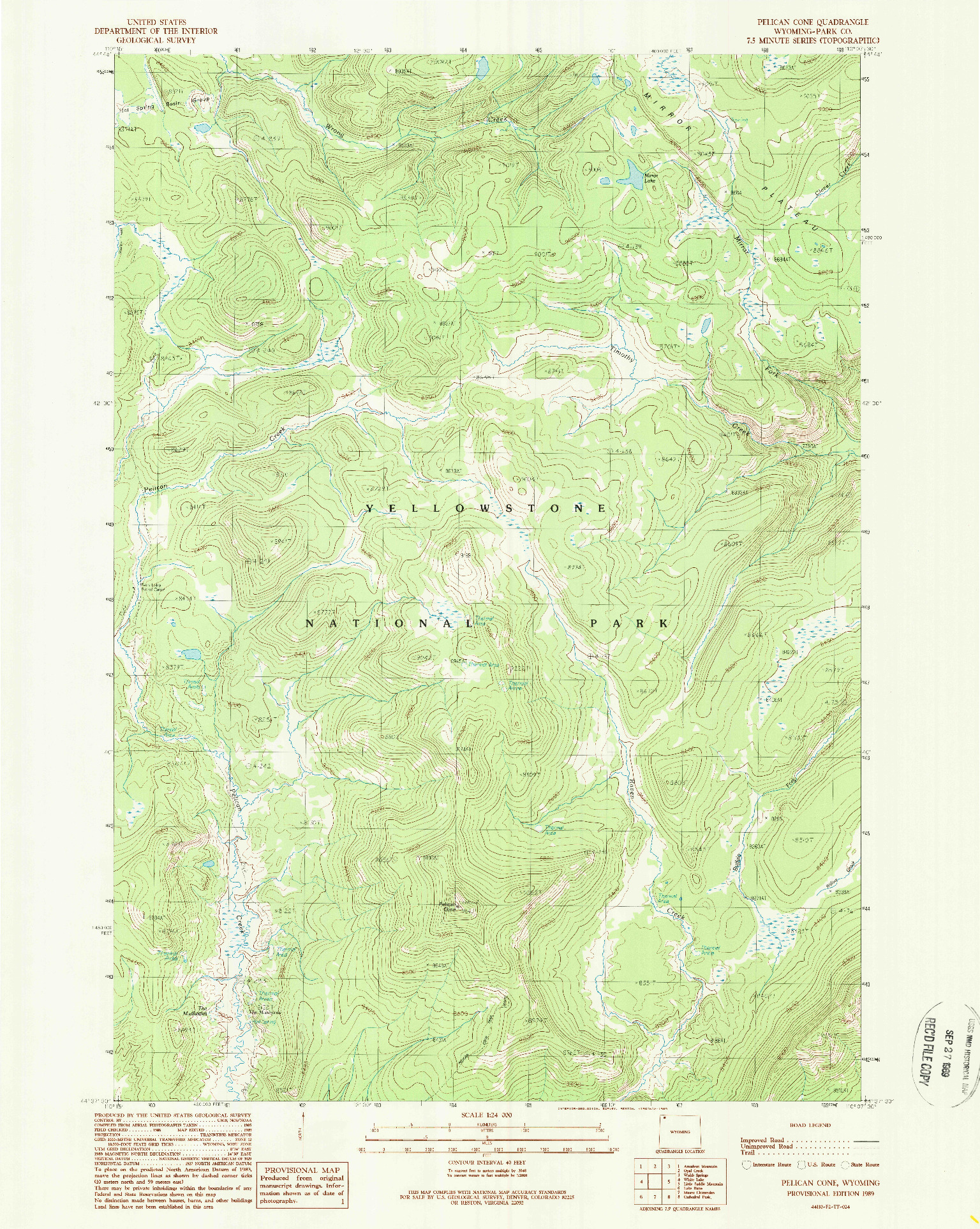 USGS 1:24000-SCALE QUADRANGLE FOR PELICAN CONE, WY 1989