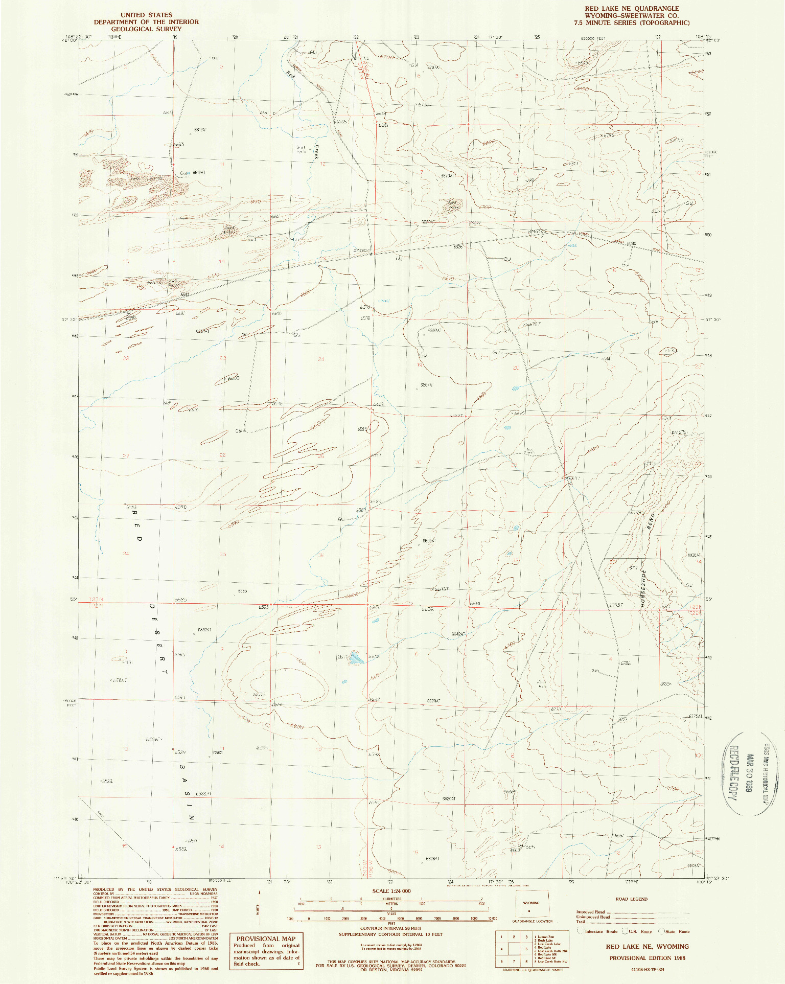 USGS 1:24000-SCALE QUADRANGLE FOR RED LAKE NE, WY 1988