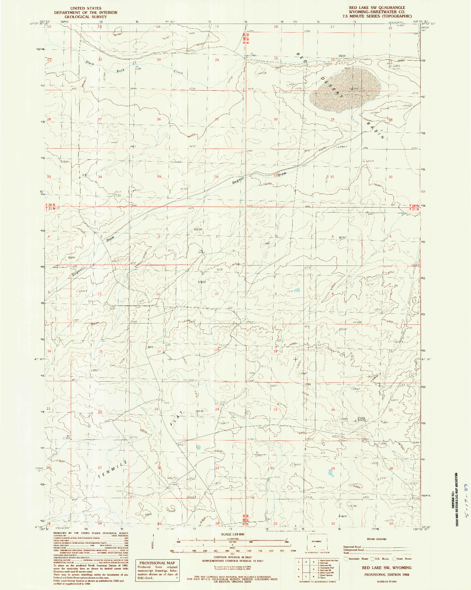 USGS 1:24000-SCALE QUADRANGLE FOR RED LAKE SW, WY 1988