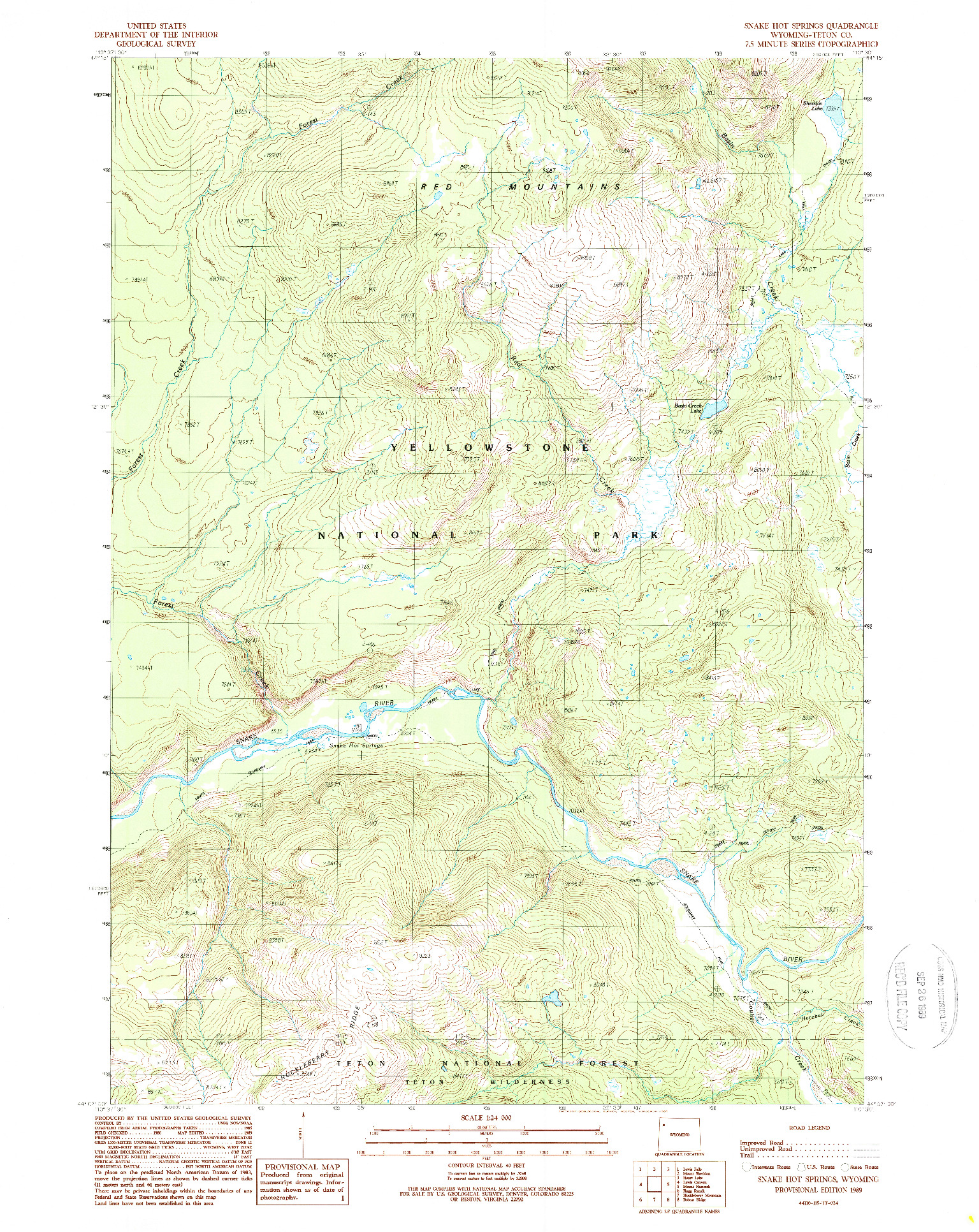 USGS 1:24000-SCALE QUADRANGLE FOR SNAKE HOT SPRINGS, WY 1989