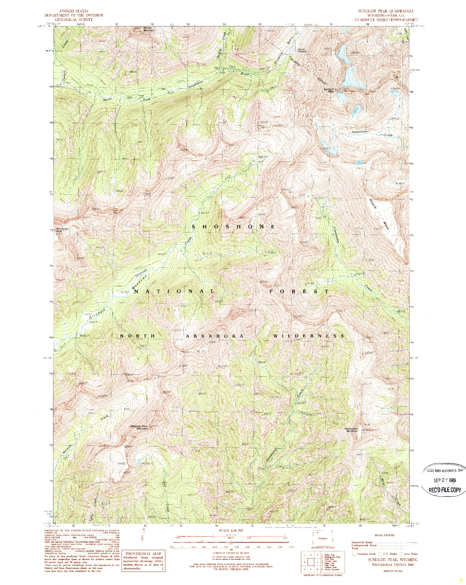 USGS 1:24000-SCALE QUADRANGLE FOR SUNLIGHT PEAK, WY 1989