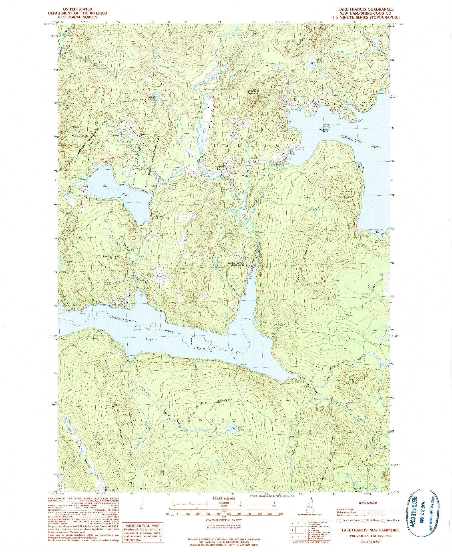 USGS 1:24000-SCALE QUADRANGLE FOR LAKE FRANCIS, NH 1989