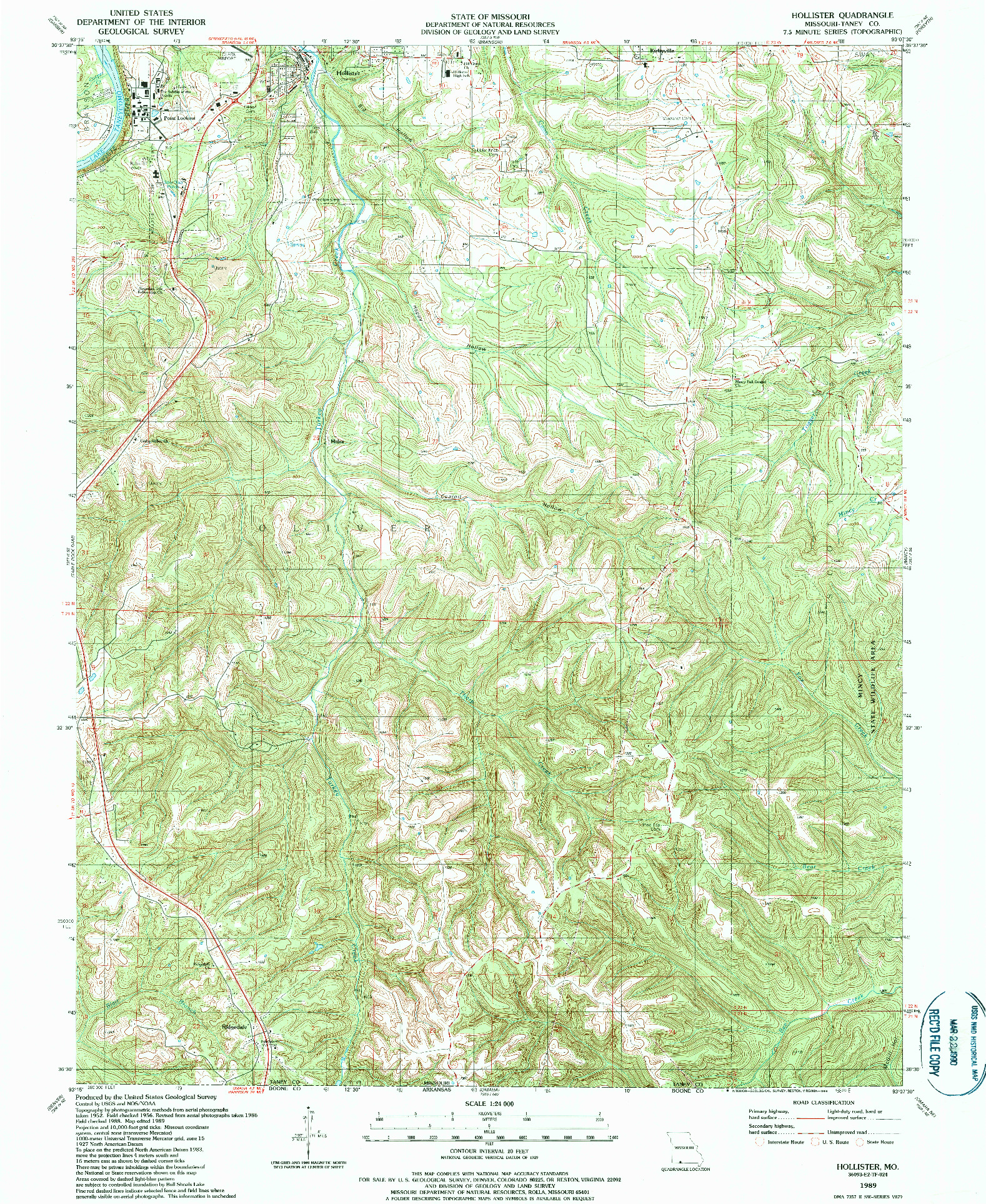 USGS 1:24000-SCALE QUADRANGLE FOR HOLLISTER, MO 1989