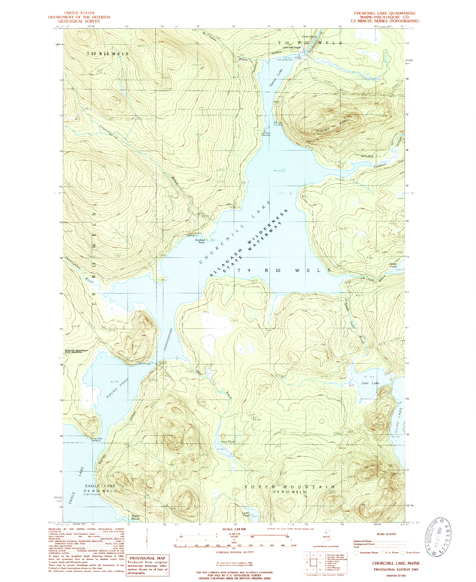 USGS 1:24000-SCALE QUADRANGLE FOR CHURCHILL LAKE, ME 1989