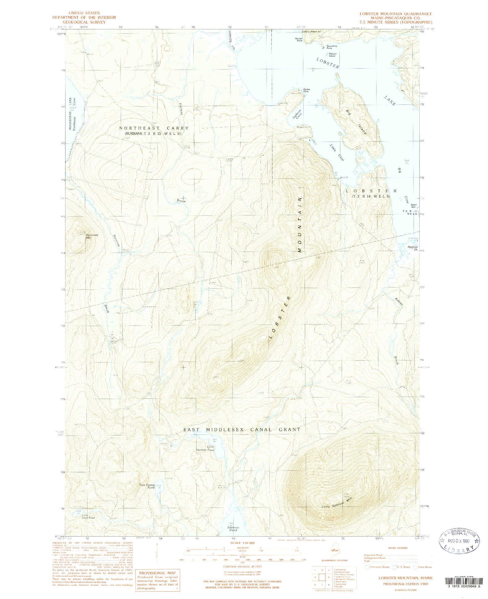 USGS 1:24000-SCALE QUADRANGLE FOR LOBSTER MOUNTAIN, ME 1989