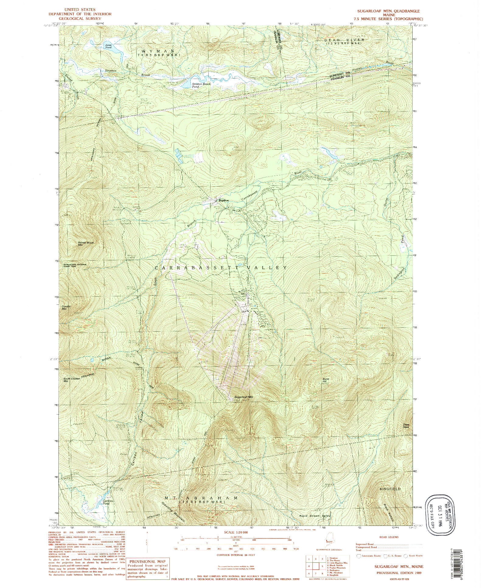 USGS 1:24000-SCALE QUADRANGLE FOR SUGARLOAF MTN, ME 1989