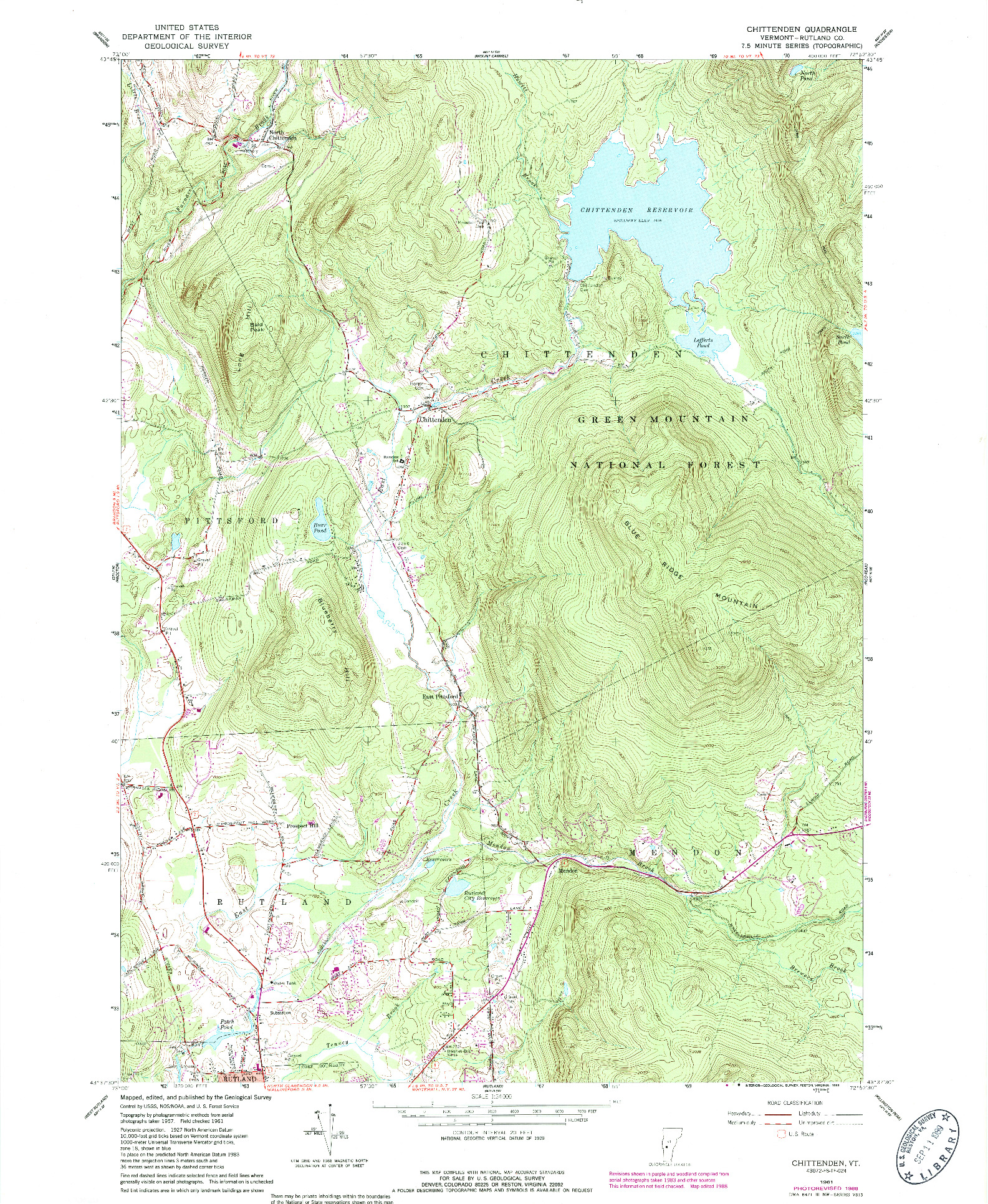 USGS 1:24000-SCALE QUADRANGLE FOR CHITTENDEN, VT 1961