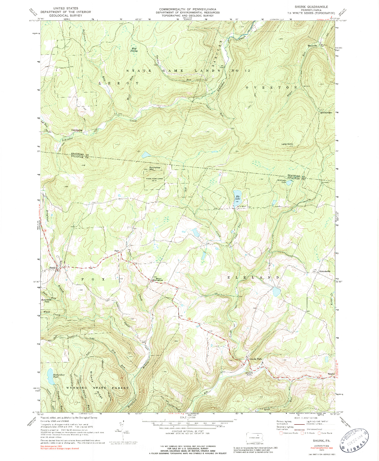 USGS 1:24000-SCALE QUADRANGLE FOR SHUNK, PA 1970