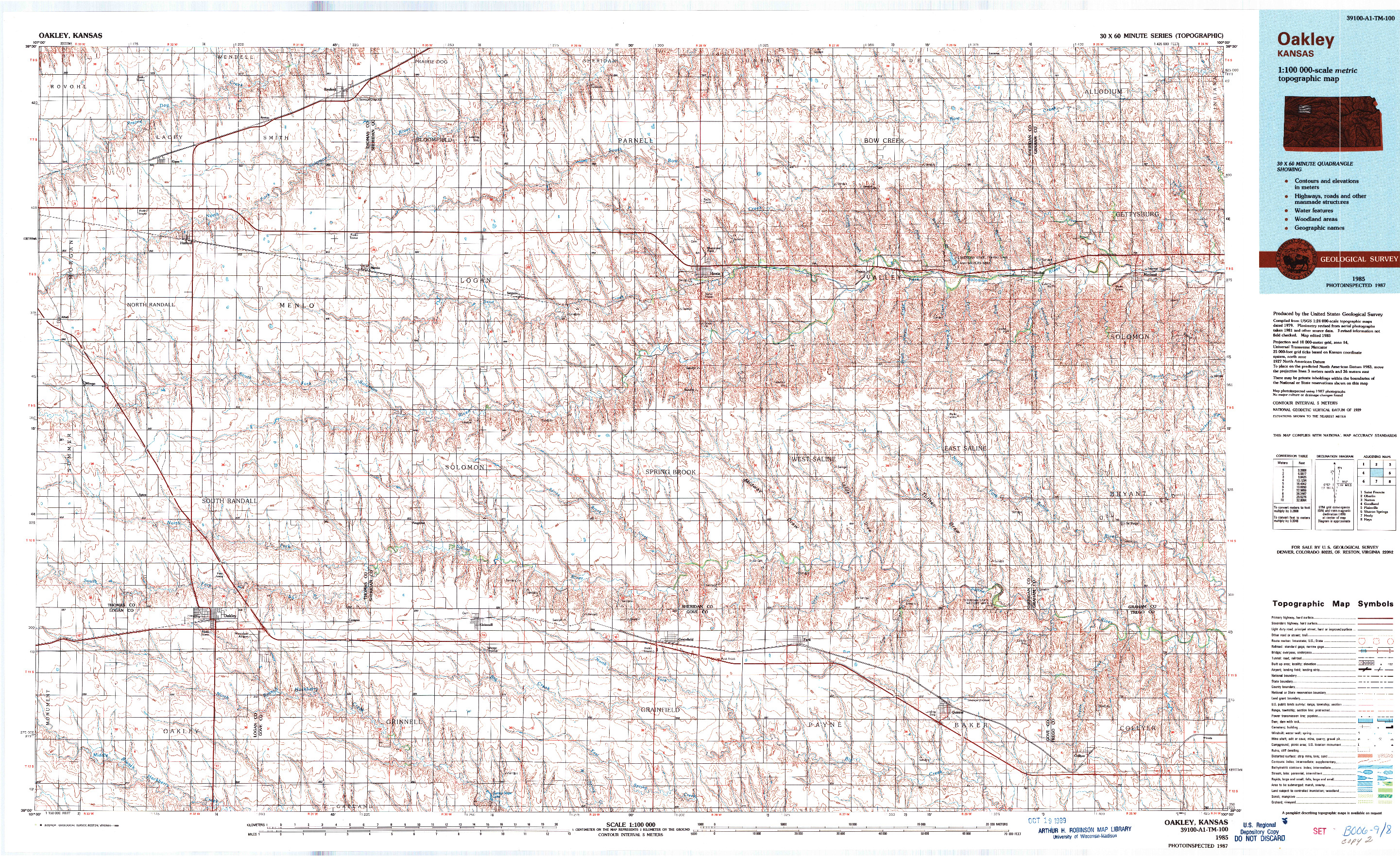 USGS 1:100000-SCALE QUADRANGLE FOR OAKLEY, KS 1985