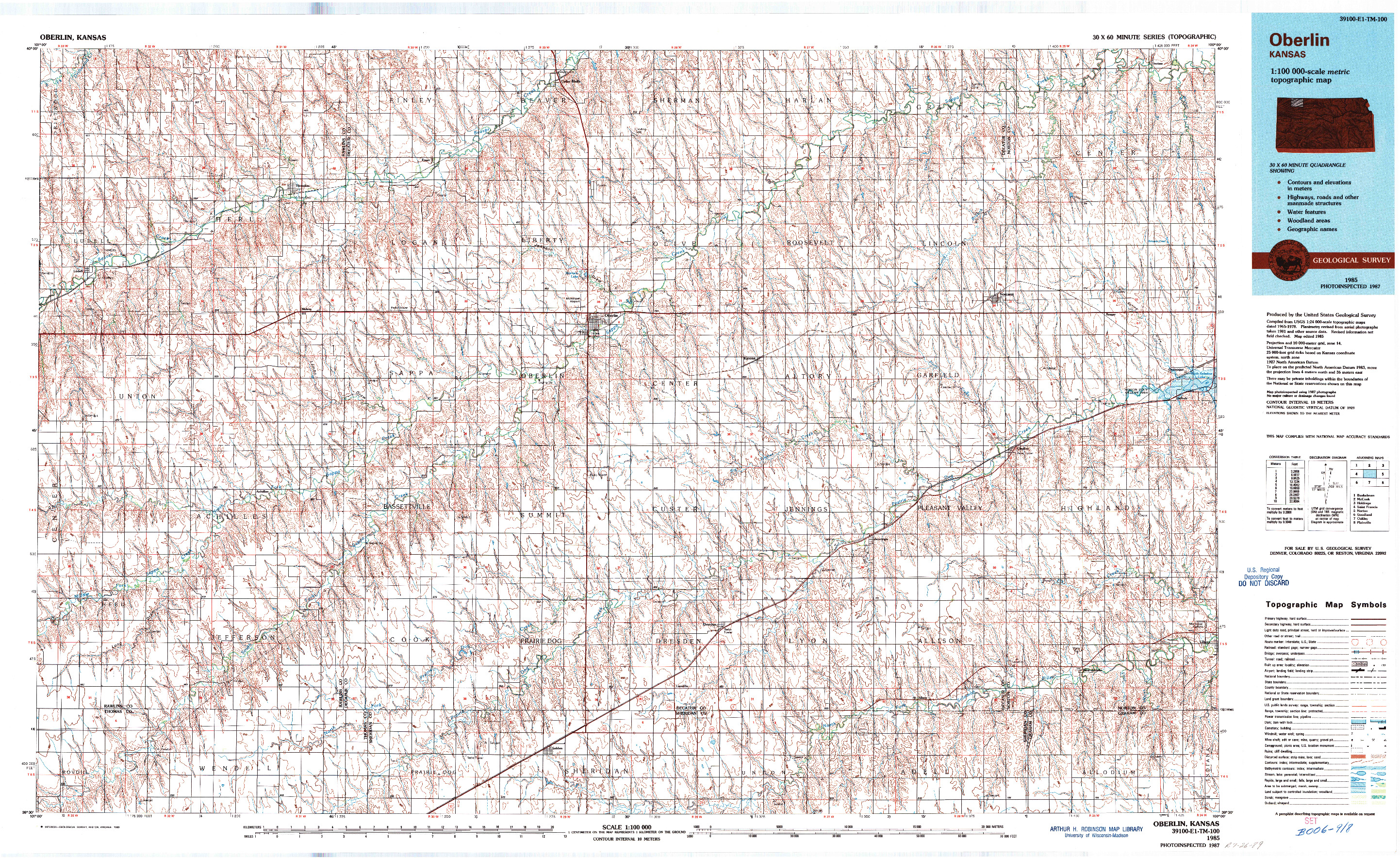 USGS 1:100000-SCALE QUADRANGLE FOR OBERLIN, KS 1985