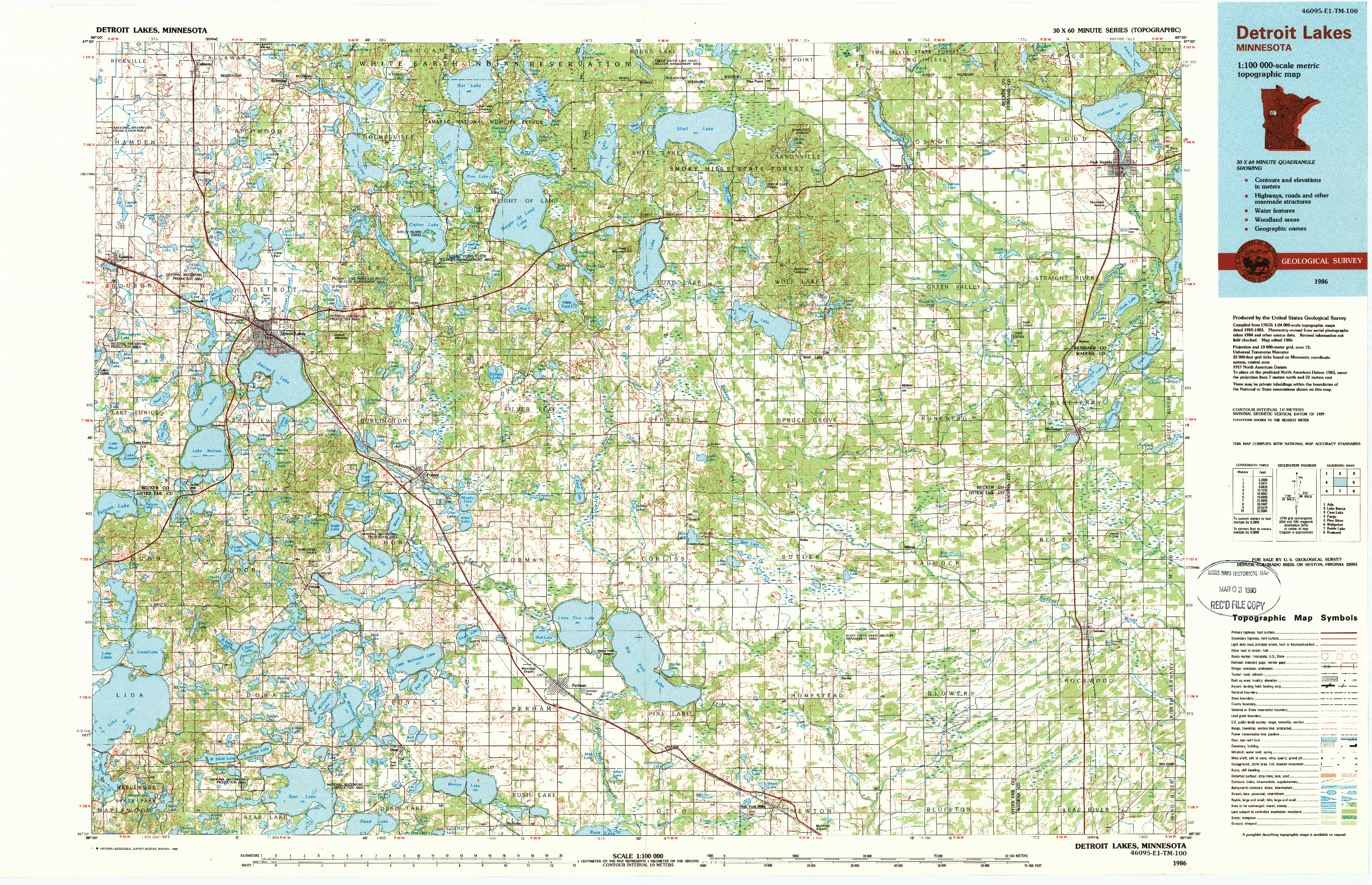 USGS 1:100000-SCALE QUADRANGLE FOR DETROIT LAKES, MN 1986