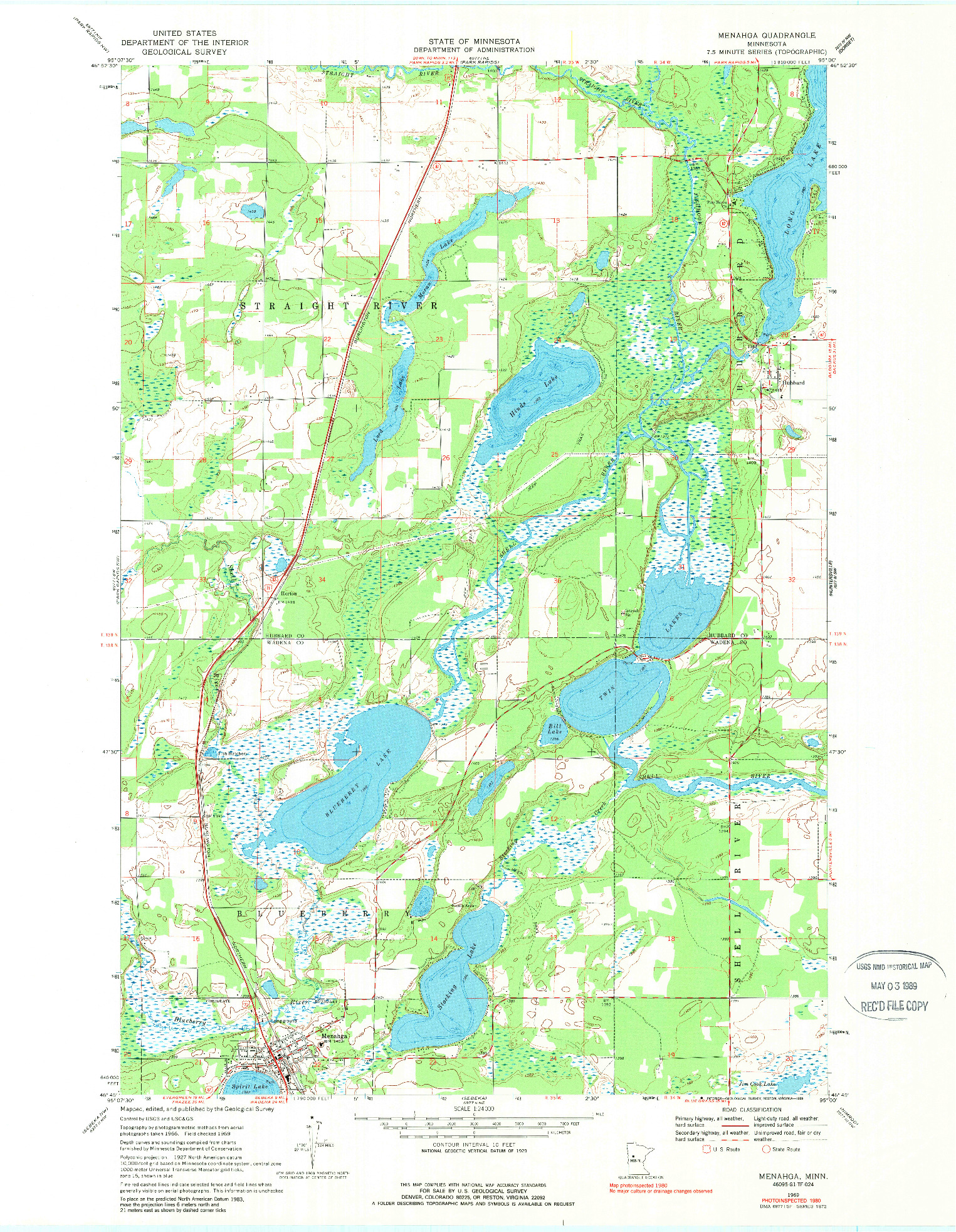 USGS 1:24000-SCALE QUADRANGLE FOR MENAHGA, MN 1969