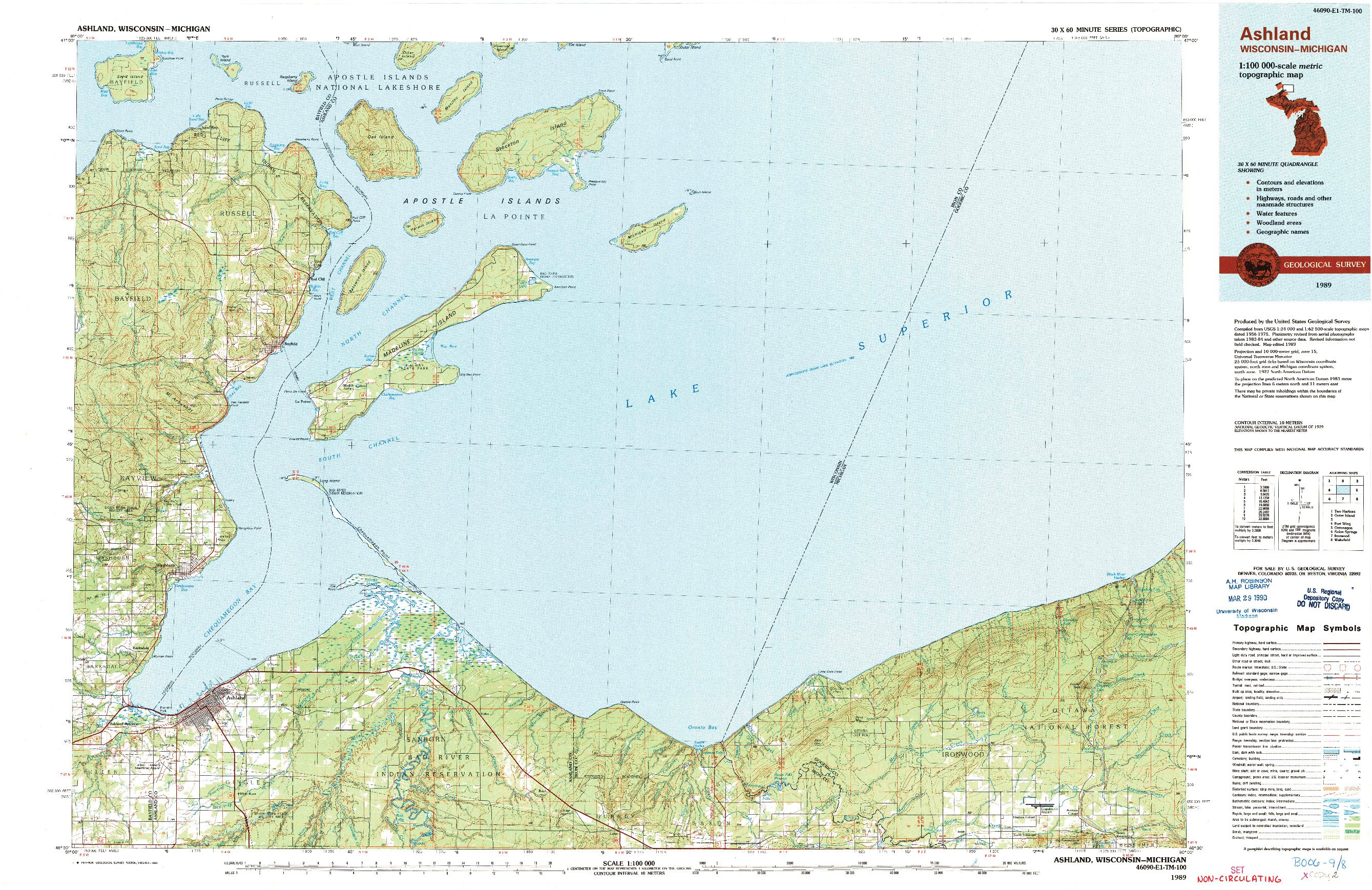 USGS 1:100000-SCALE QUADRANGLE FOR ASHLAND, WI 1989