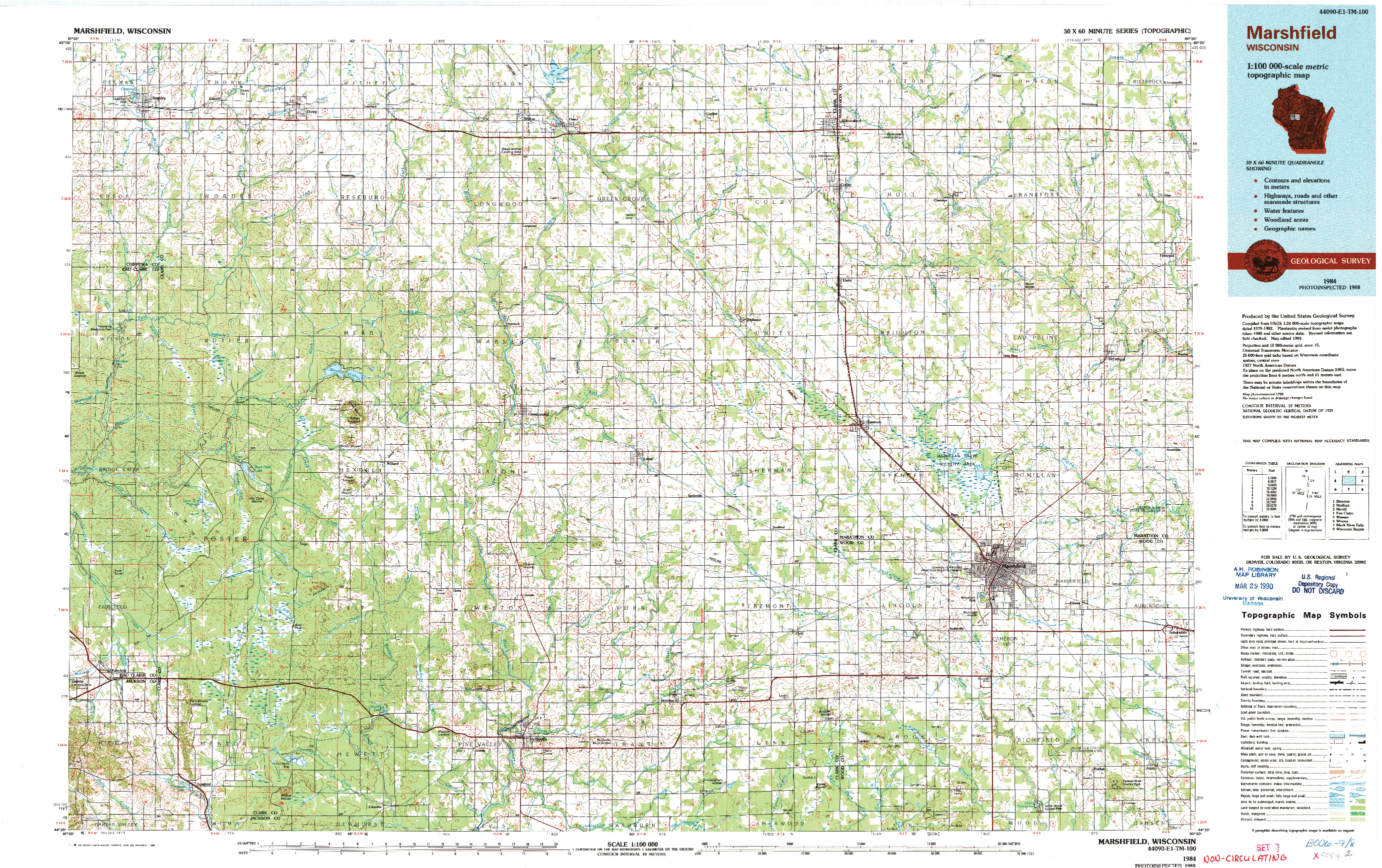 USGS 1:100000-SCALE QUADRANGLE FOR MARSHFIELD, WI 1984