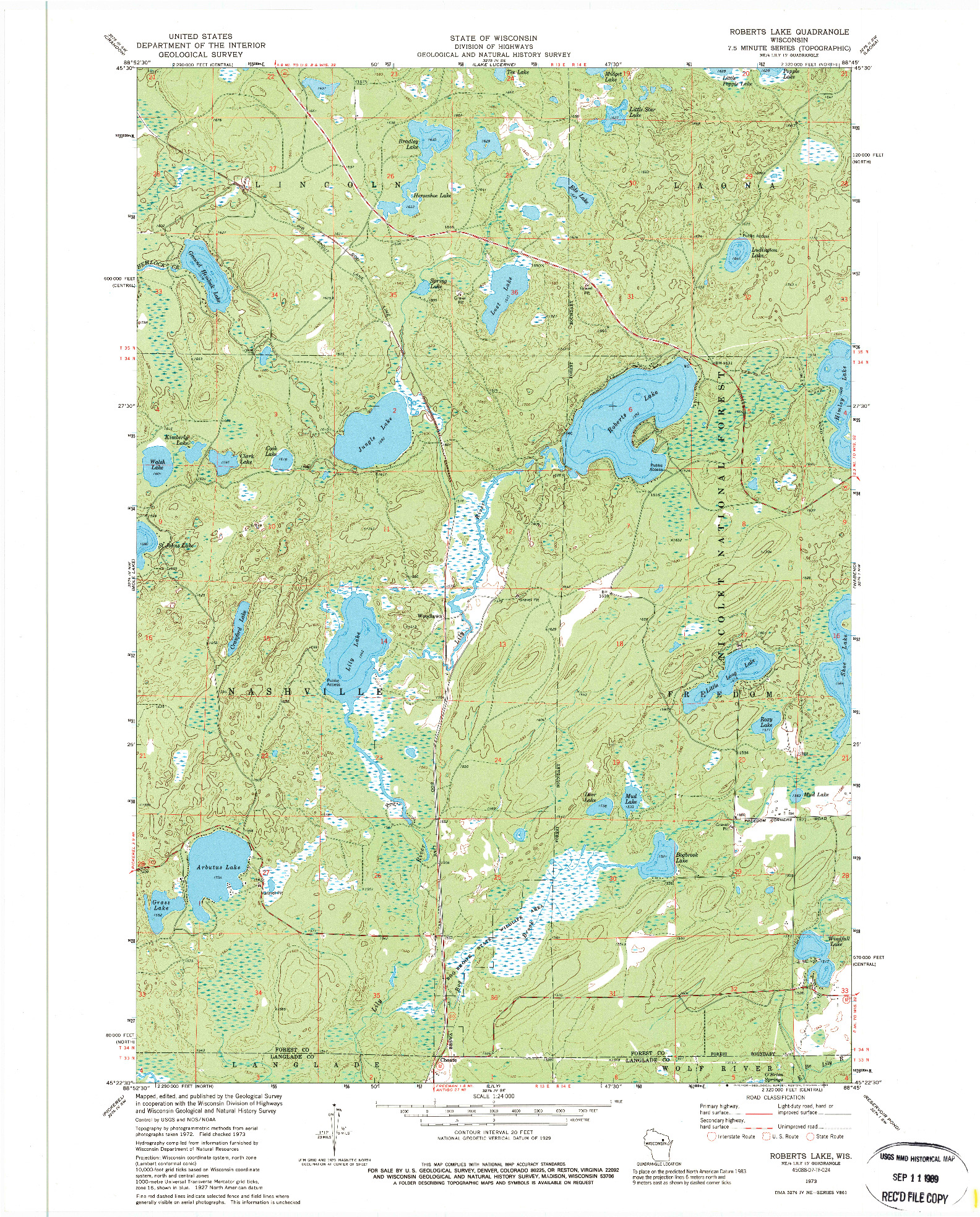 USGS 1:24000-SCALE QUADRANGLE FOR ROBERTS LAKE, WI 1973