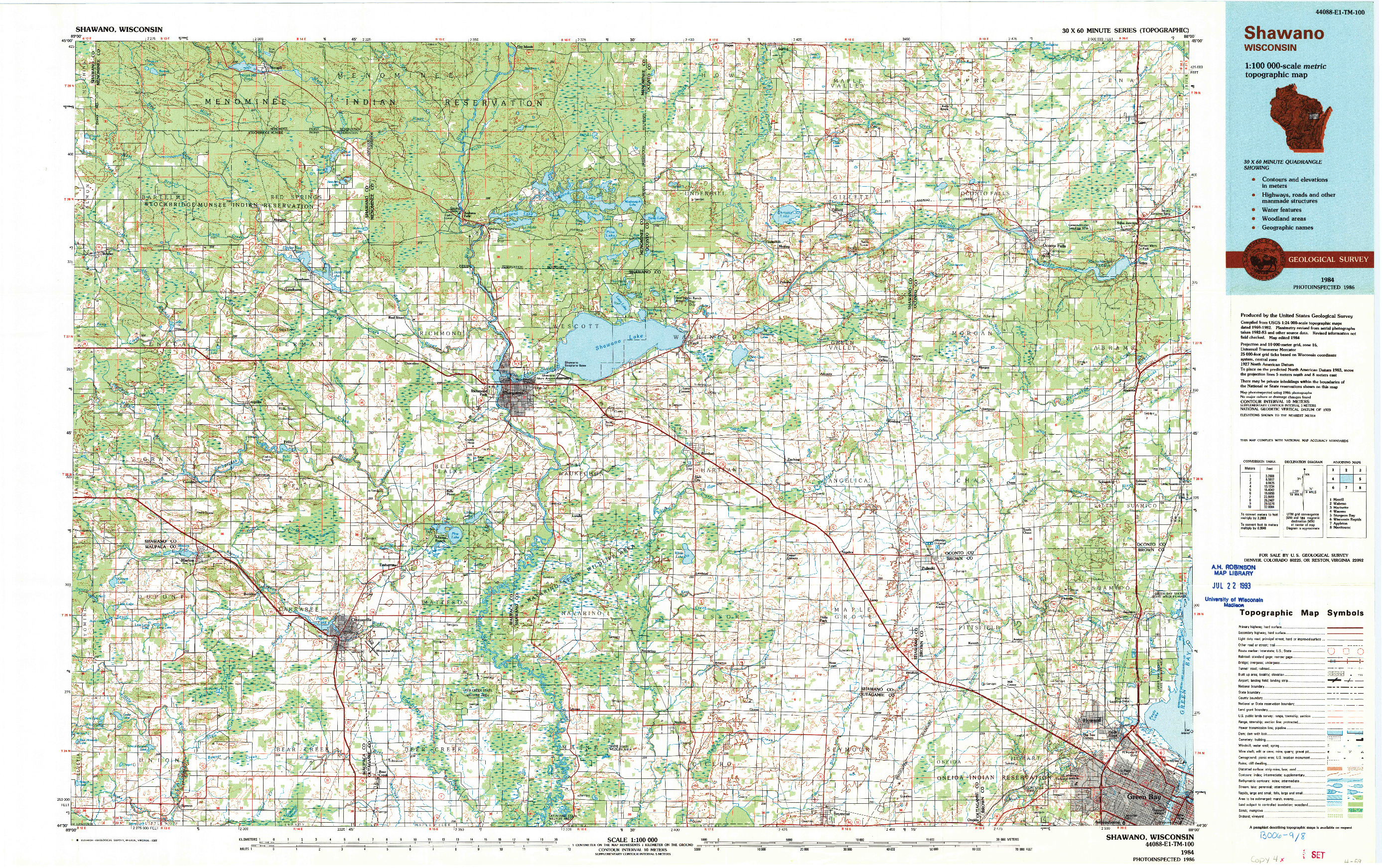 USGS 1:100000-SCALE QUADRANGLE FOR SHAWANO, WI 1984