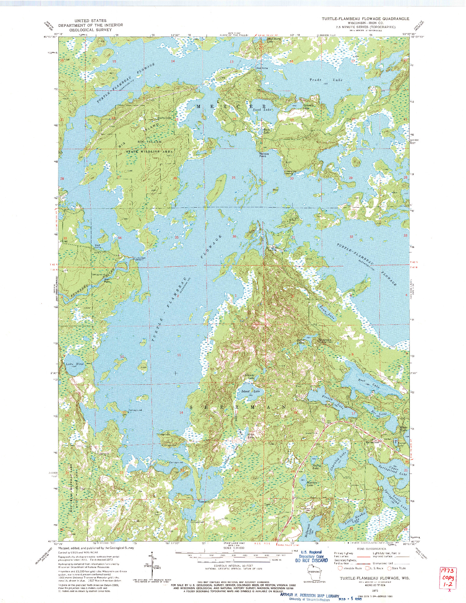 USGS 1:24000-SCALE QUADRANGLE FOR TURTLE-FLAMBEAU FLOWAGE, WI 1973