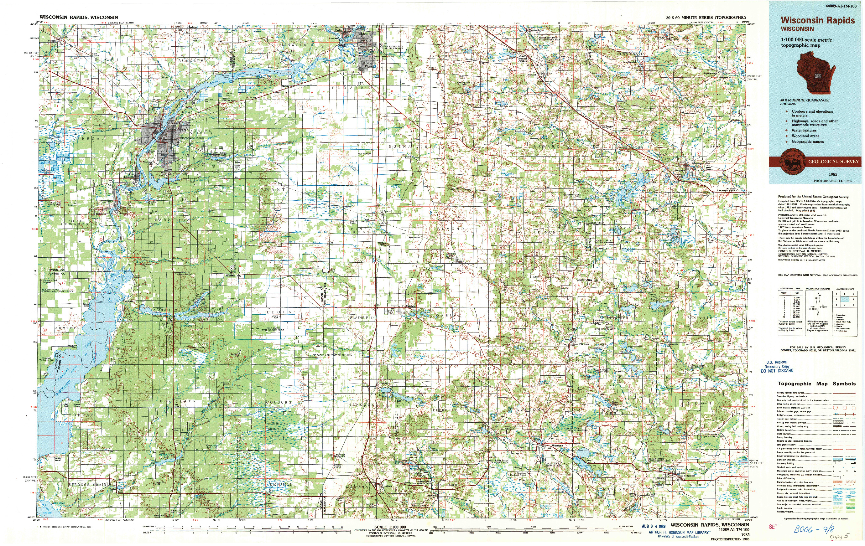 USGS 1:100000-SCALE QUADRANGLE FOR WISCONSIN RAPIDS, WI 1985