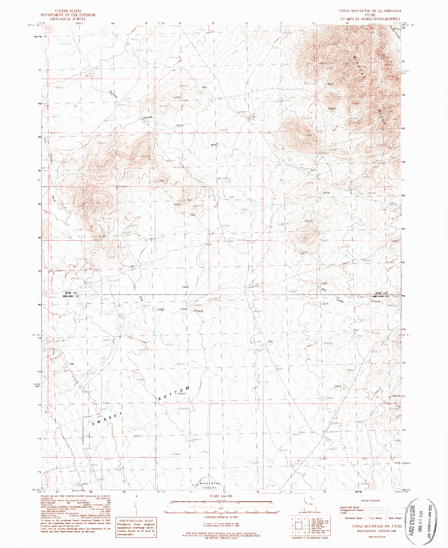 USGS 1:24000-SCALE QUADRANGLE FOR TOPAZ MOUNTAIN SW, UT 1988