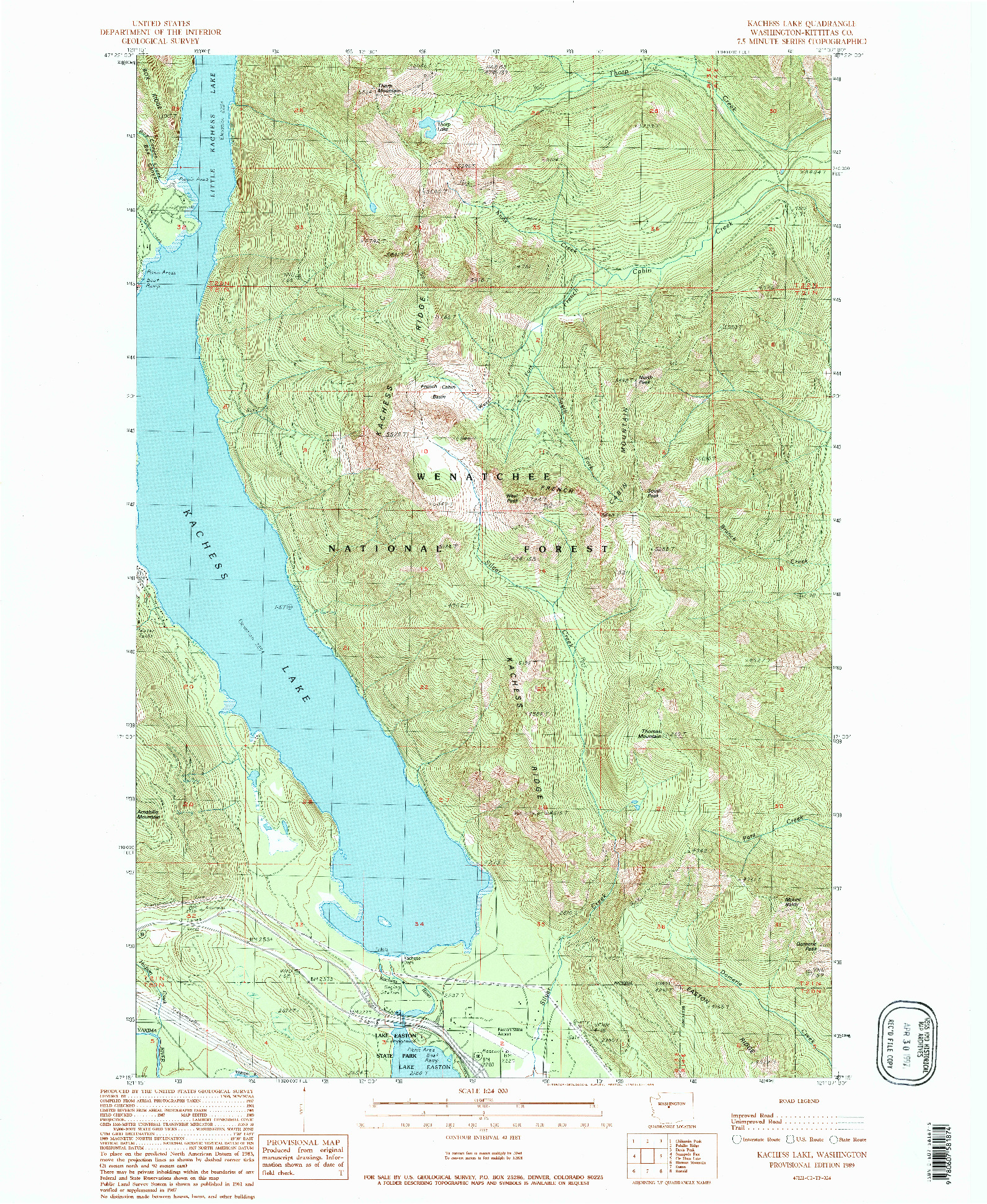 USGS 1:24000-SCALE QUADRANGLE FOR KACHESS LAKE, WA 1989