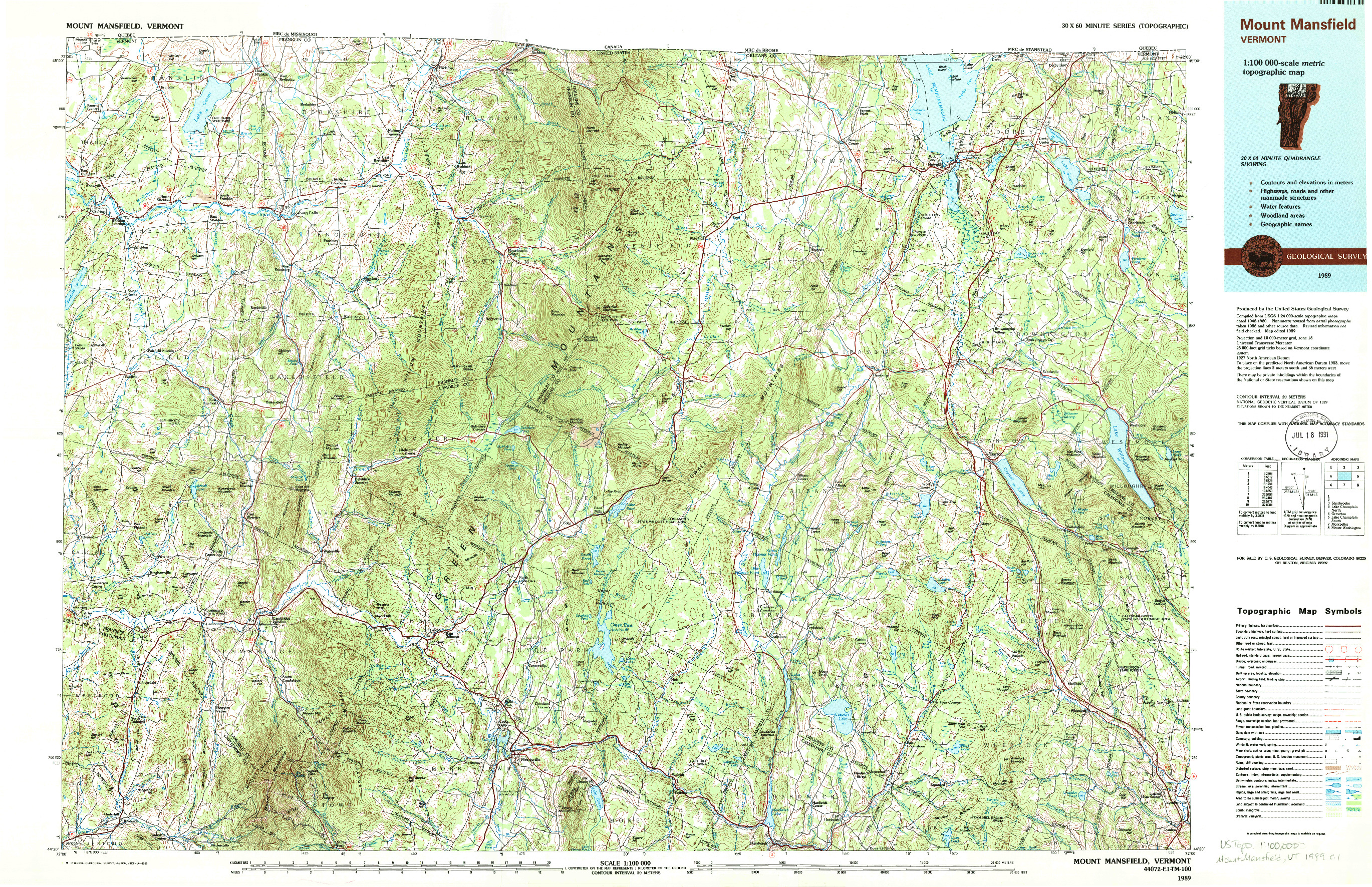 USGS 1:100000-SCALE QUADRANGLE FOR MOUNT MANSFIELD, VT 1989