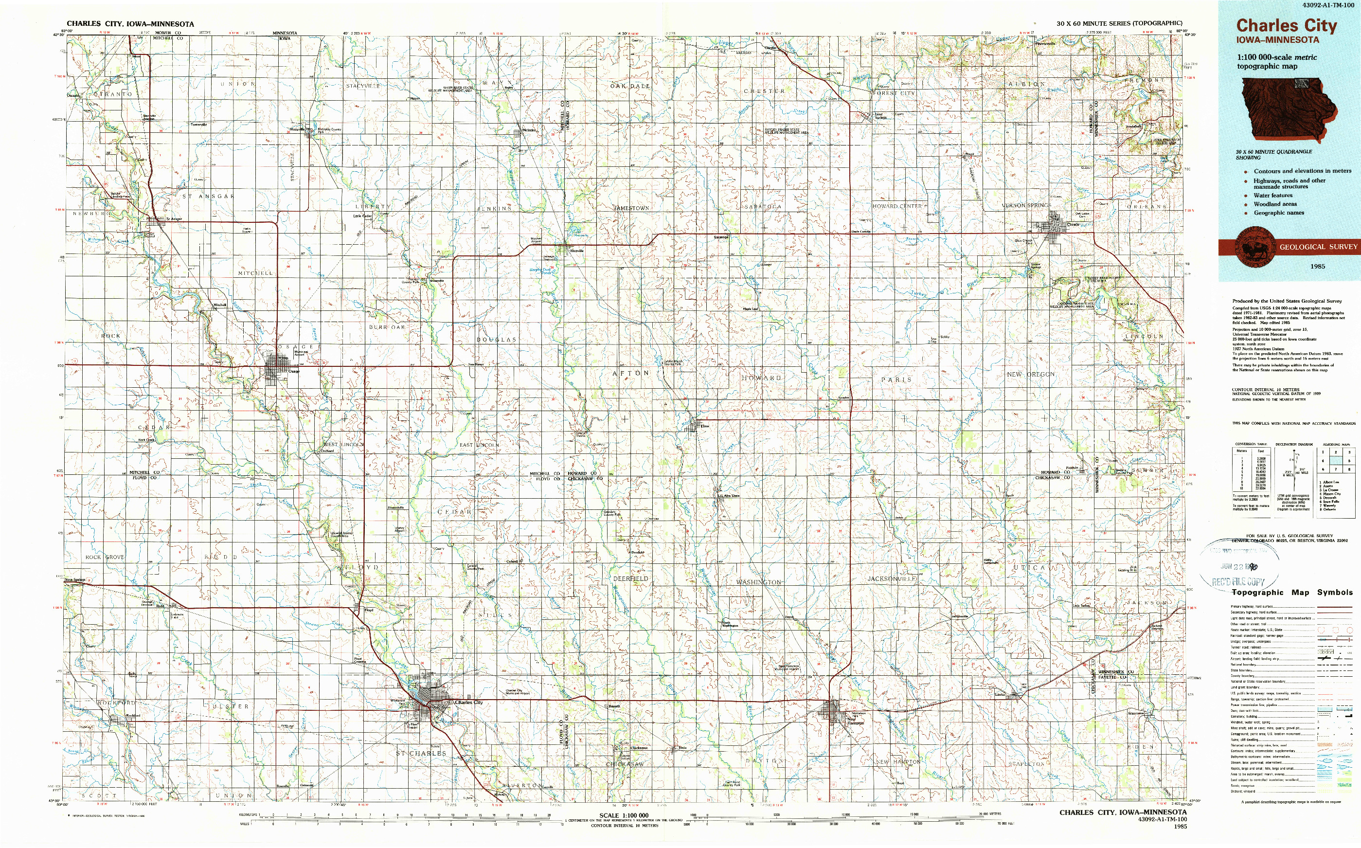 USGS 1:100000-SCALE QUADRANGLE FOR CHARLES CITY, IA 1985