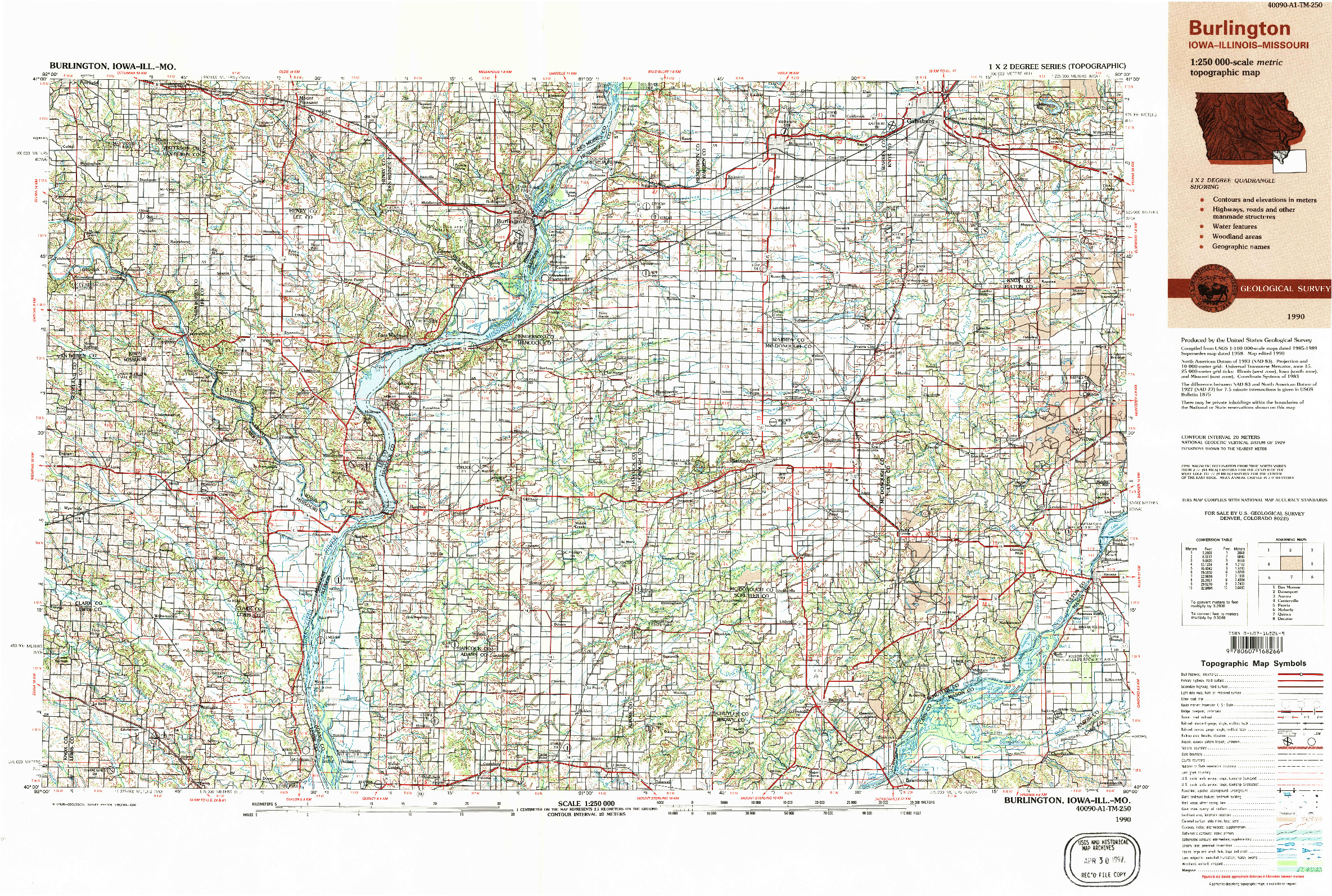 USGS 1:250000-SCALE QUADRANGLE FOR BURLINGTON, IA 1990