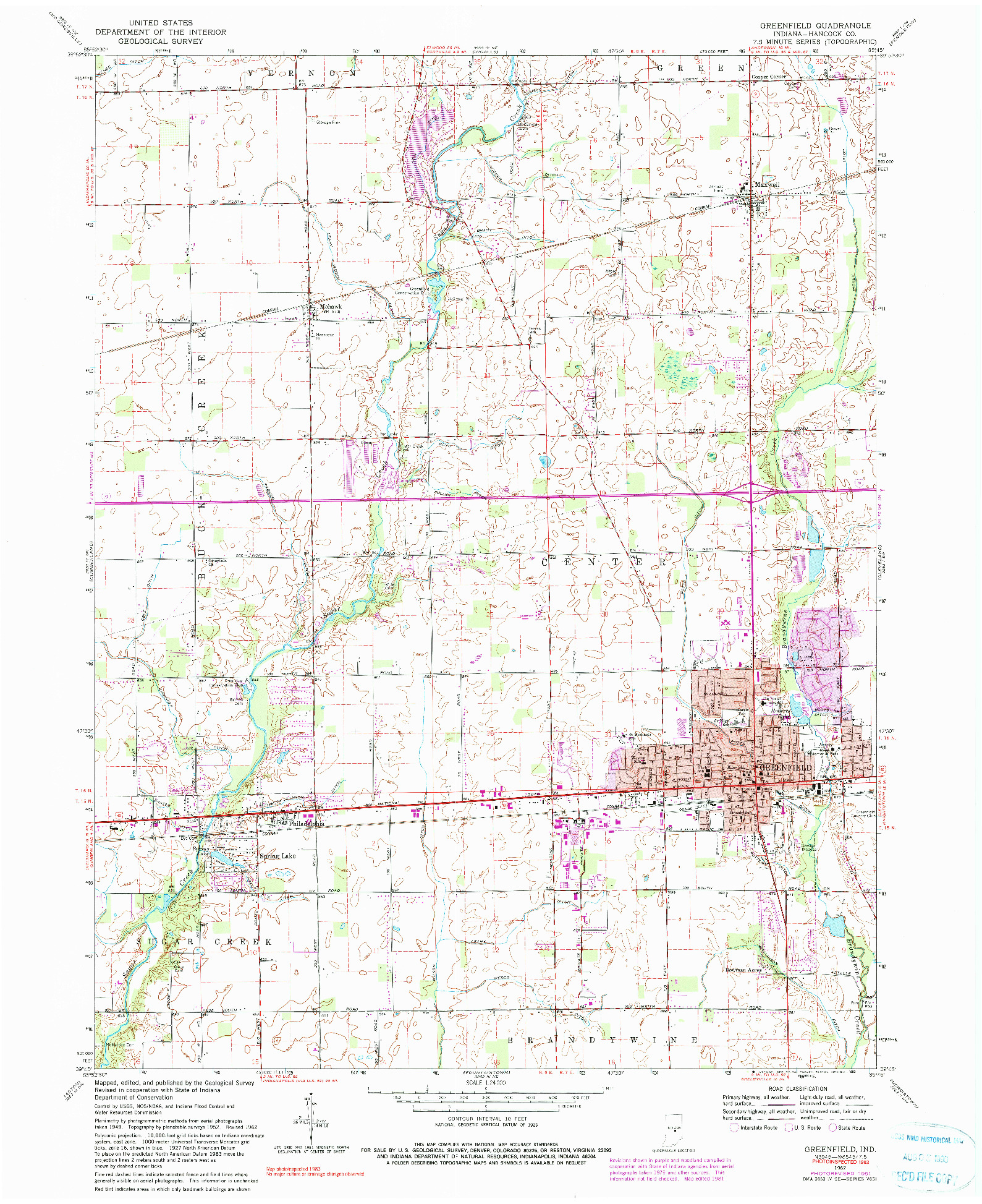 USGS 1:24000-SCALE QUADRANGLE FOR GREENFIELD, IN 1962