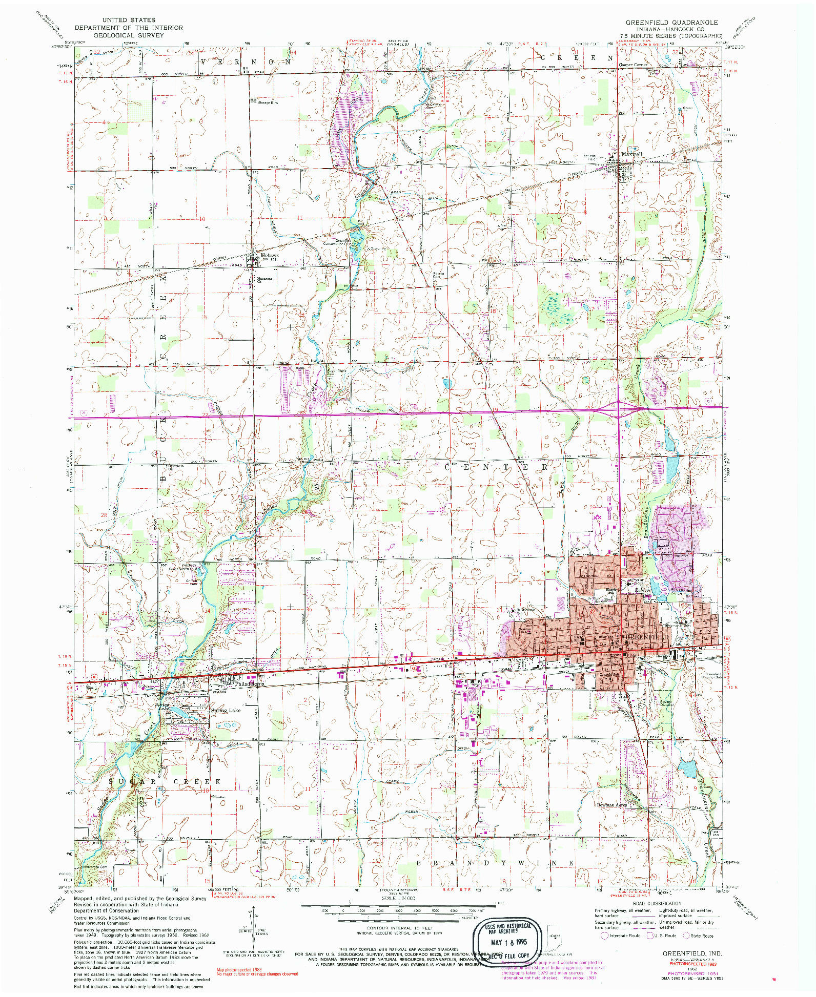 USGS 1:24000-SCALE QUADRANGLE FOR GREENFIELD, IN 1962