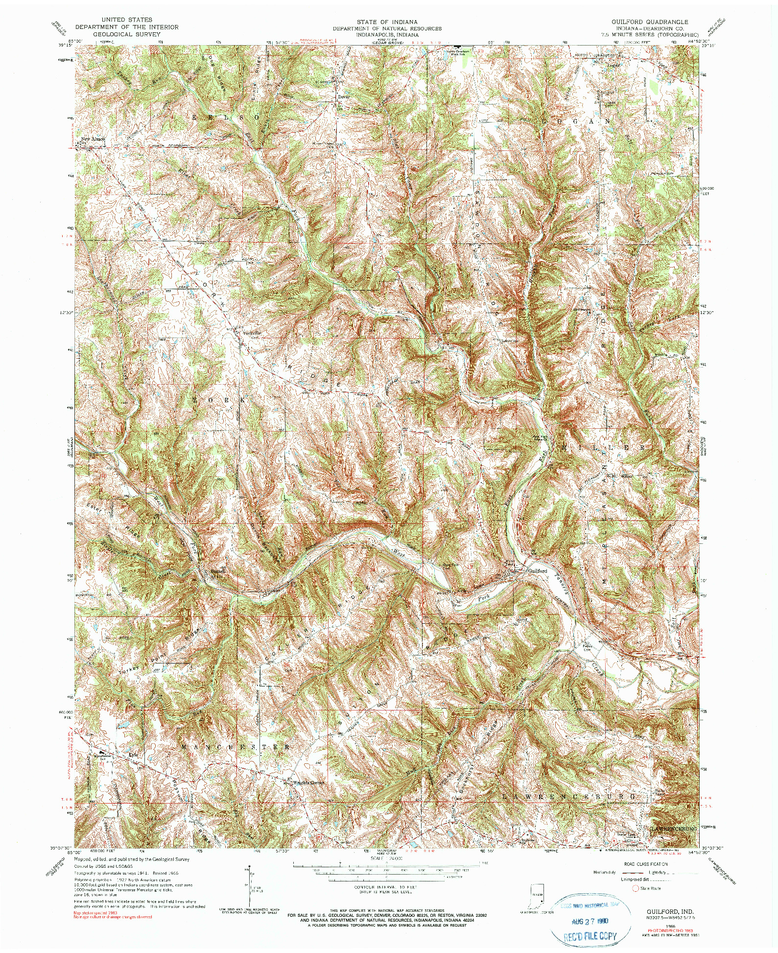 USGS 1:24000-SCALE QUADRANGLE FOR GUILFORD, IN 1966