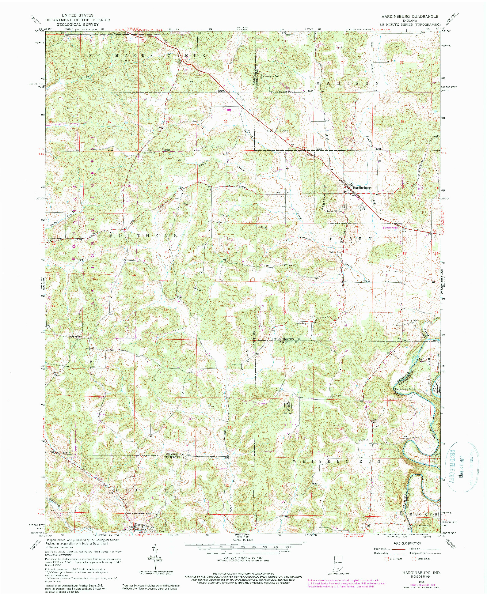 USGS 1:24000-SCALE QUADRANGLE FOR HARDINSBURG, IN 1966